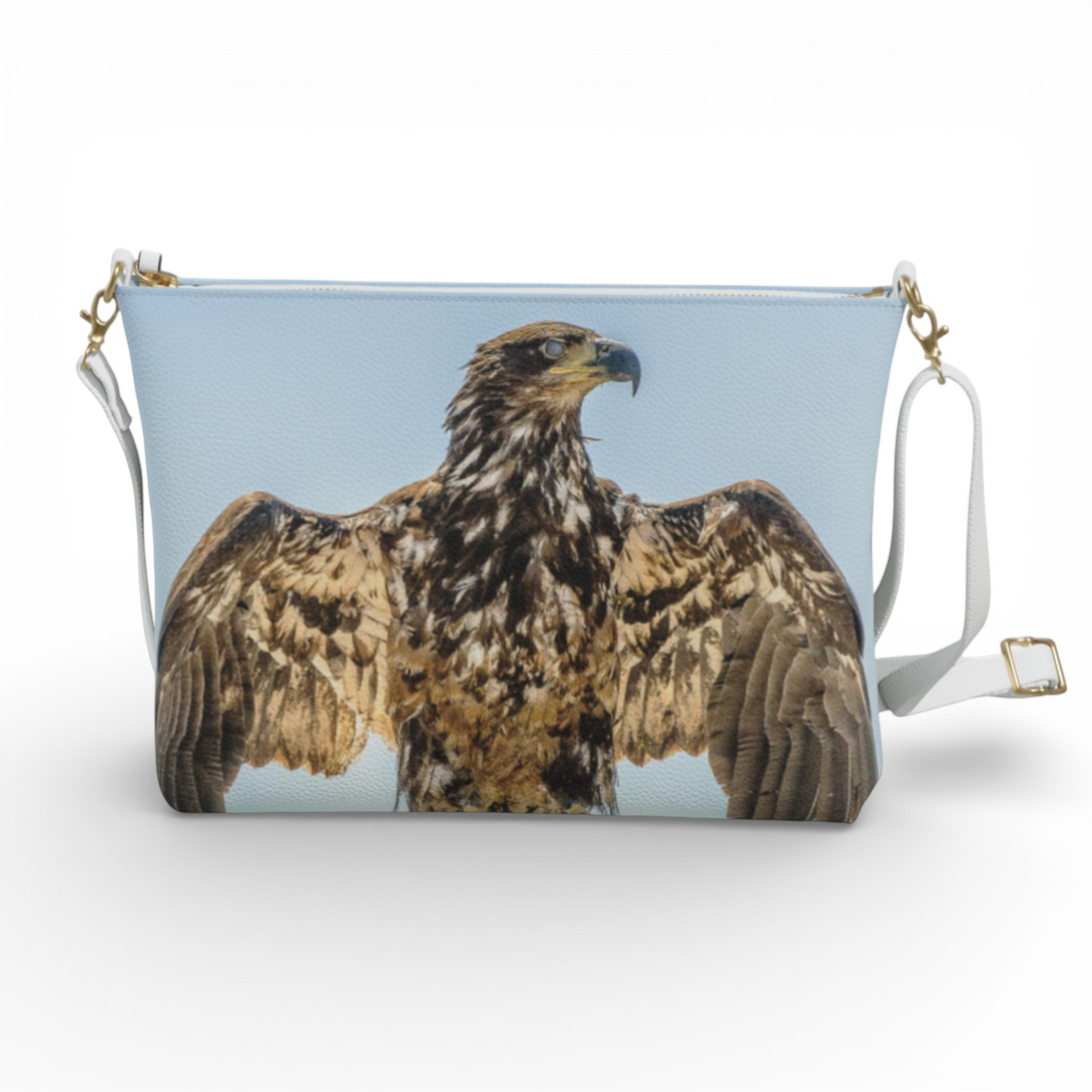 Van Isle Goddess Thunderbird Eagle vegan leather crossbody purse with adjustable strap and gold hardware.