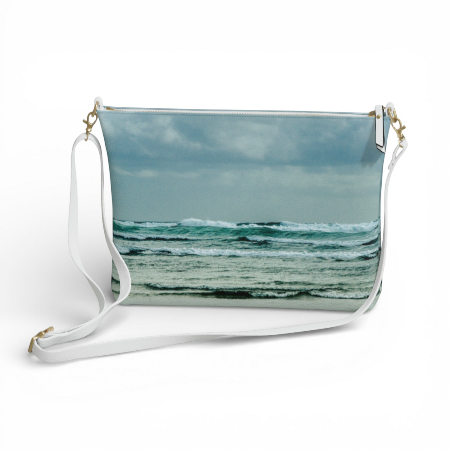 Van Isle Goddess Ocean Calling crossbody purse with a Tofino beach wave print, vegan leather, and white strap.
