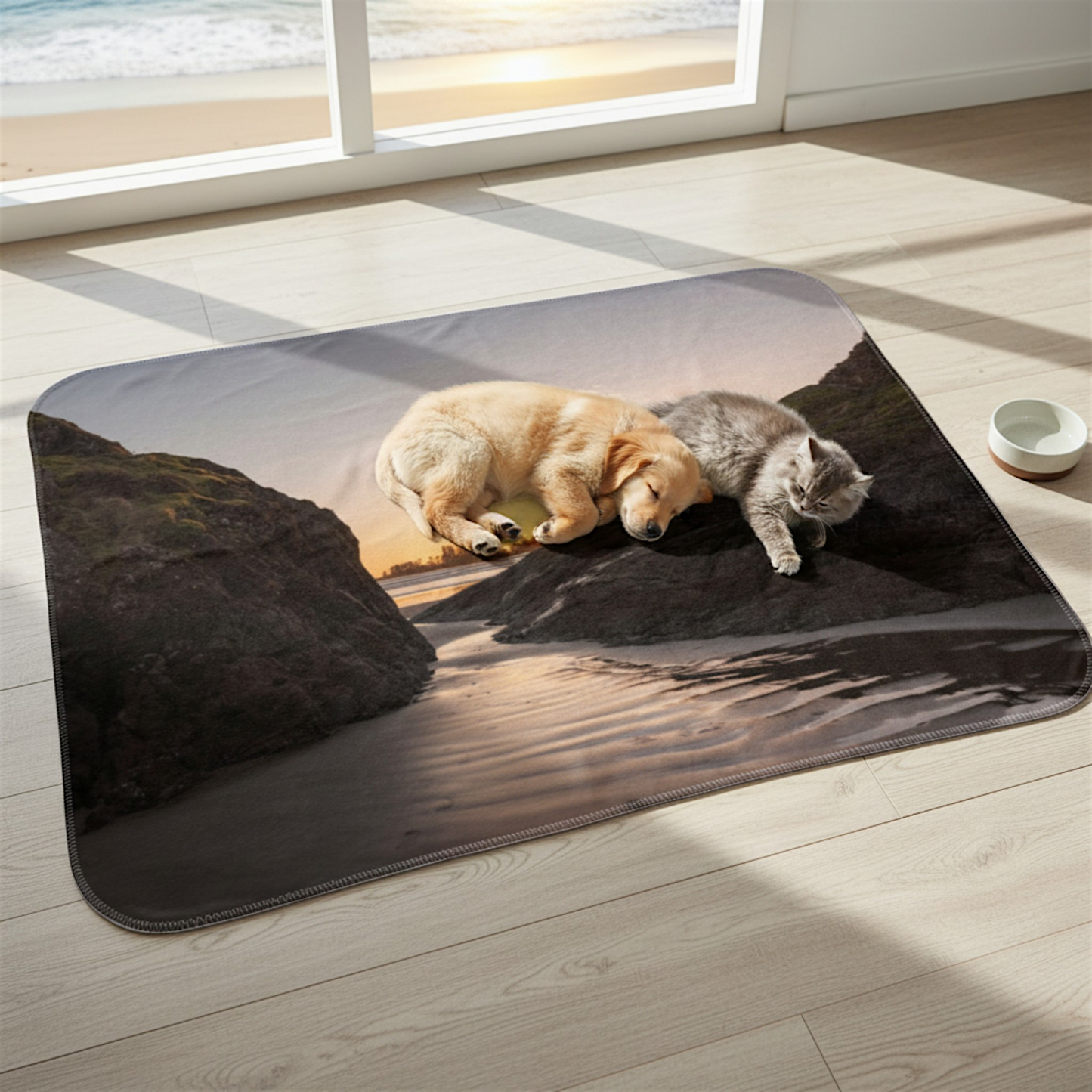 Van Isle Goddess Distant Sunset Tofino Coastal Blanket, soft polyester minky fabric, features a beach sunset scene.