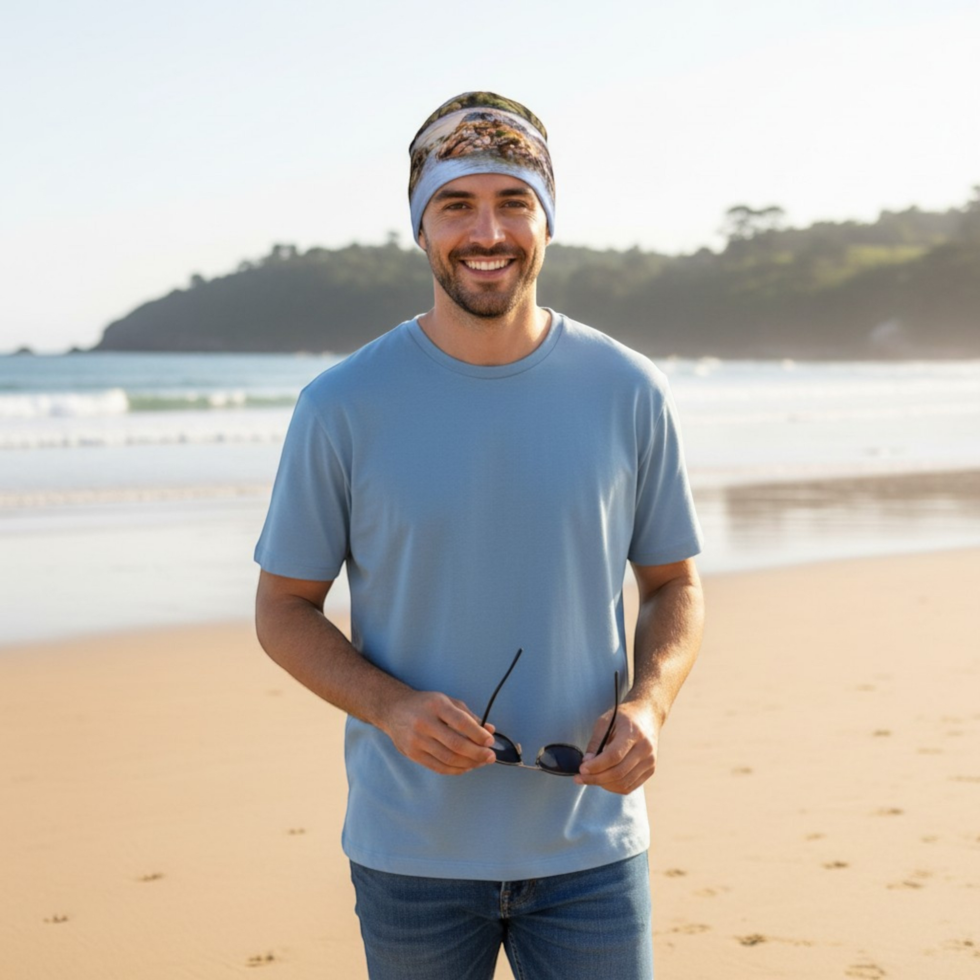 Van Isle Goddess Tofino Inlet Beanie with a scenic landscape print and bamboo lining. Lightweight, warm, and versatile for all seasons.