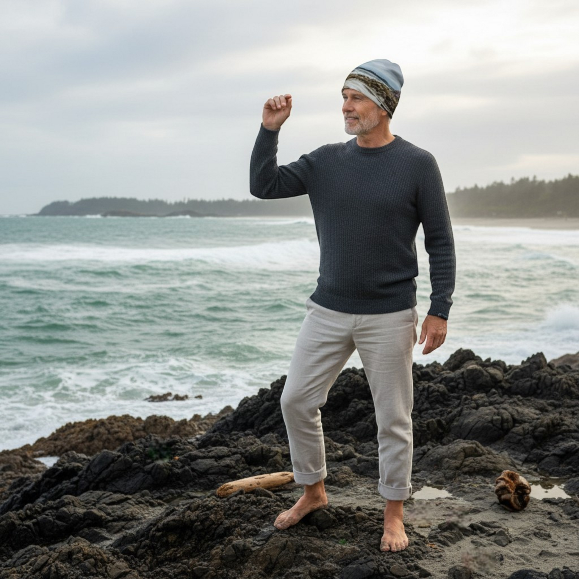 Van Isle Goddess McKenzie Beach Tofino Beanie with bamboo lining, featuring a coastal landscape print in blue and brown tones.