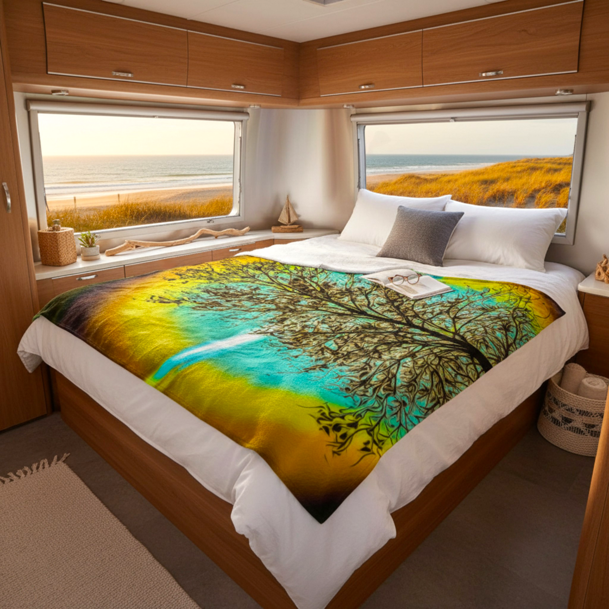 Van Isle Goddess Island Tree of Life coastal blanket in double minky fabric with vibrant yellow, teal, and brown abstract background.