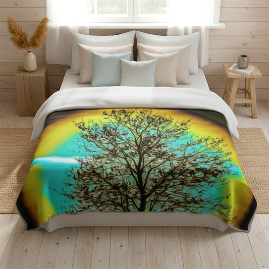 Van Isle Goddess Island Tree of Life coastal blanket, abstract art with tree silhouette against a vibrant yellow, teal, and brown background.