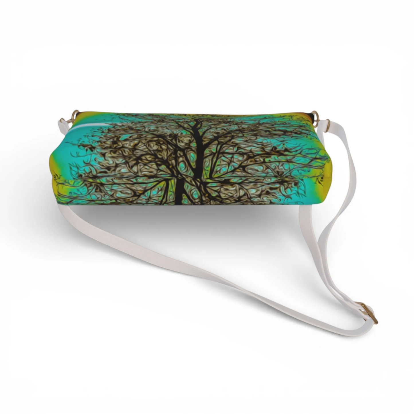 Van Isle Goddess crossbody purse with a Tree of Life print in teal, yellow, and brown. Vegan leather with adjustable strap.