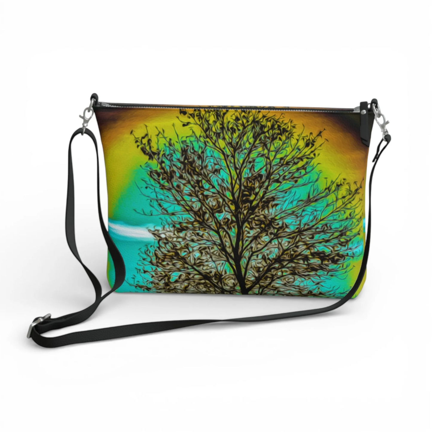 Van Isle Goddess Tree of Life vegan leather crossbody purse with adjustable strap and vibrant print.
