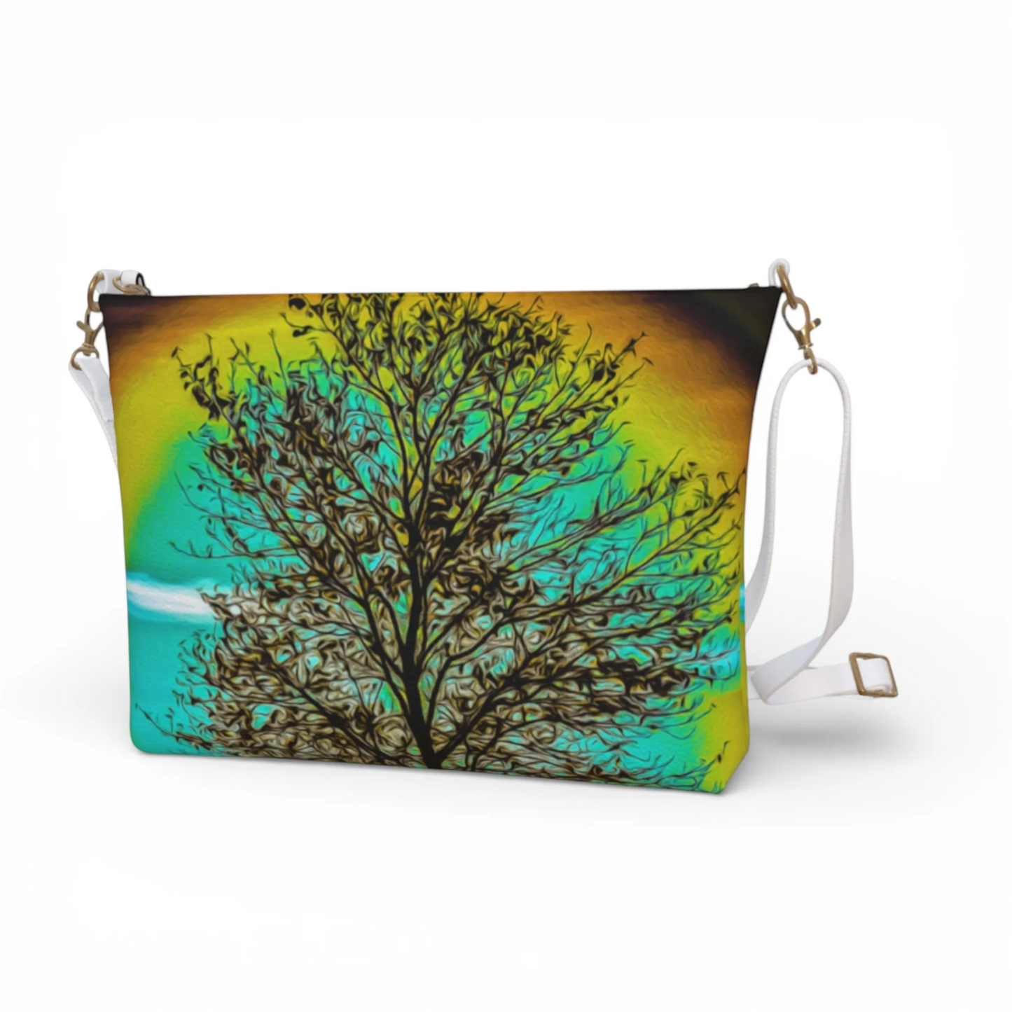 Van Isle Goddess crossbody purse with a vibrant Tree of Life print on vegan leather, featuring an adjustable strap.
