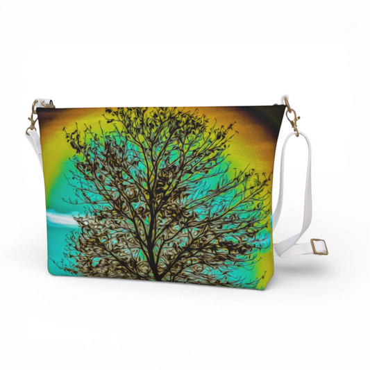Van Isle Goddess crossbody purse with a vibrant Tree of Life print on vegan leather, featuring an adjustable strap.