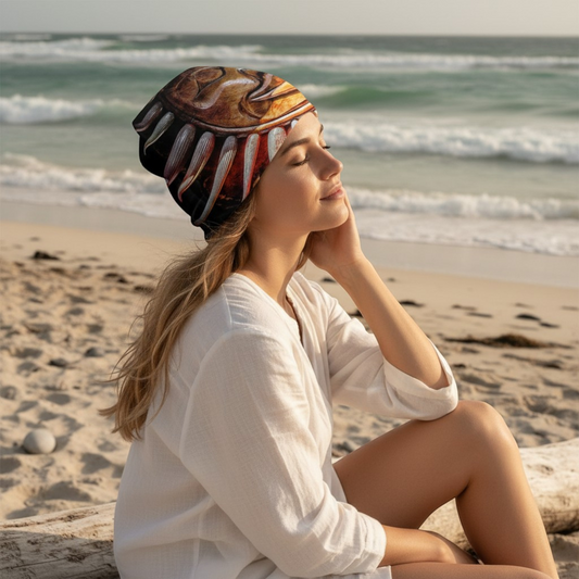 Van Isle Goddess beanie with a brown and orange tribal mask print, made from polyester and spandex, with a bamboo lining.