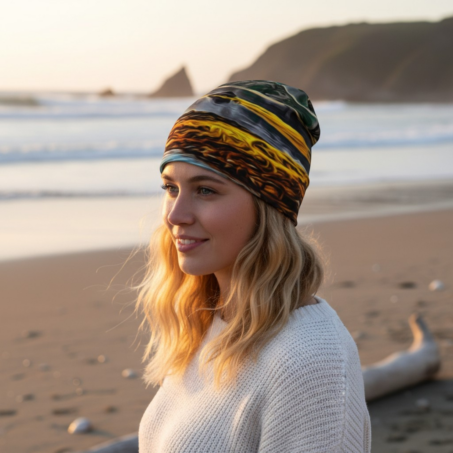 Van Isle Goddess Ucluelet Inlet beanie with abstract yellow, blue, and green print. Bamboo lined polyester-spandex blend.