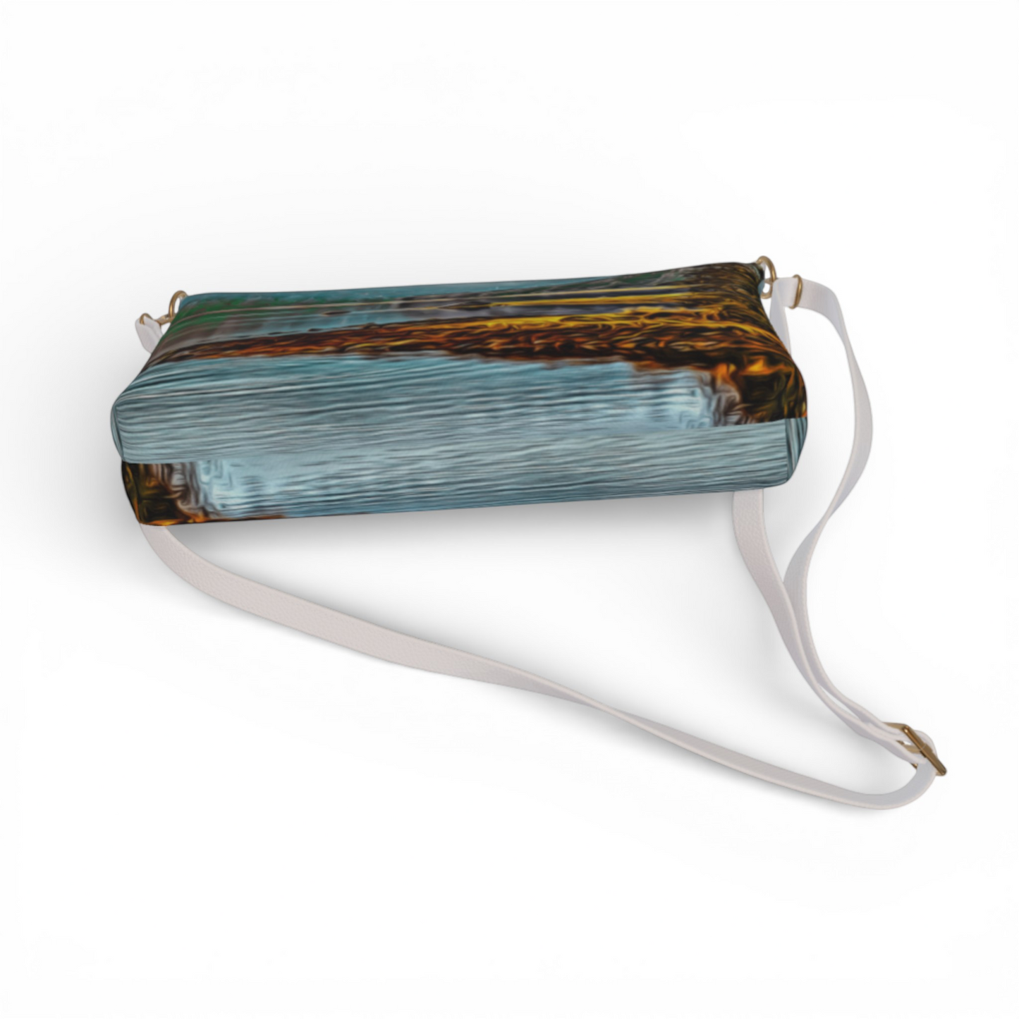 Van Isle Goddess Wild Pacific Ucluelet Inlet vegan leather crossbody purse with adjustable strap and abstract water print.