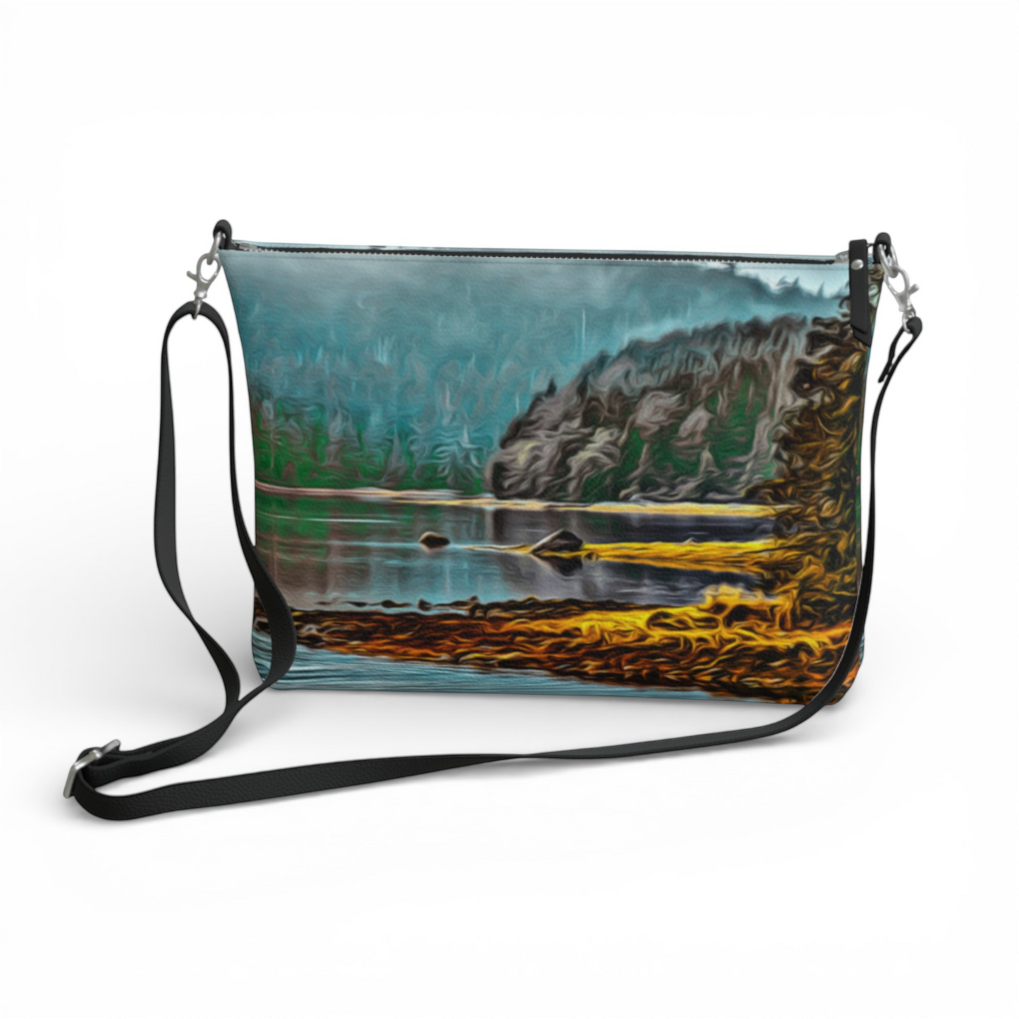 Van Isle Goddess Wild Pacific Ucluelet Inlet vegan leather crossbody purse with adjustable strap and scenic print.
