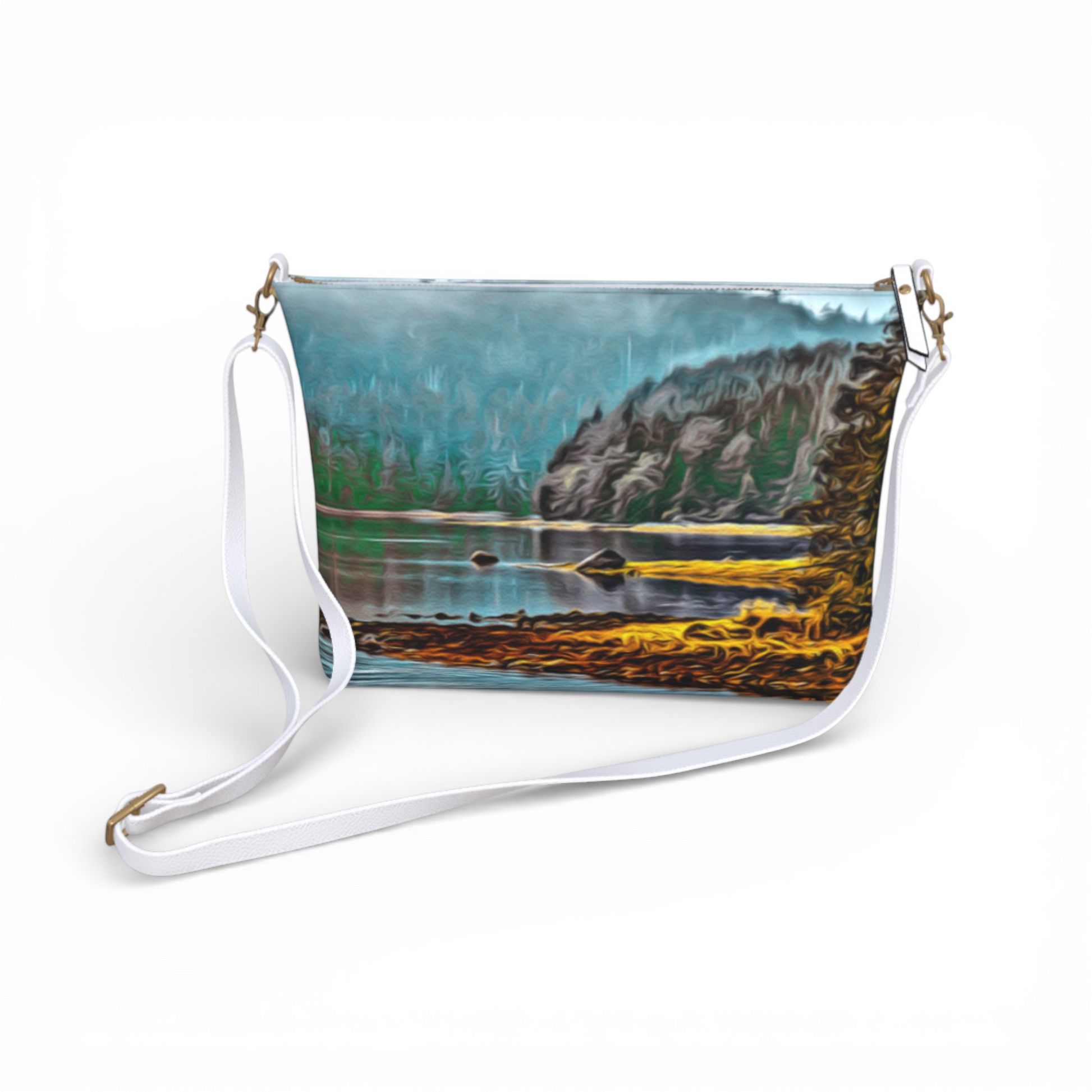 Van Isle Goddess Wild Pacific Ucluelet Inlet vegan leather crossbody purse with adjustable white strap and scenic print.