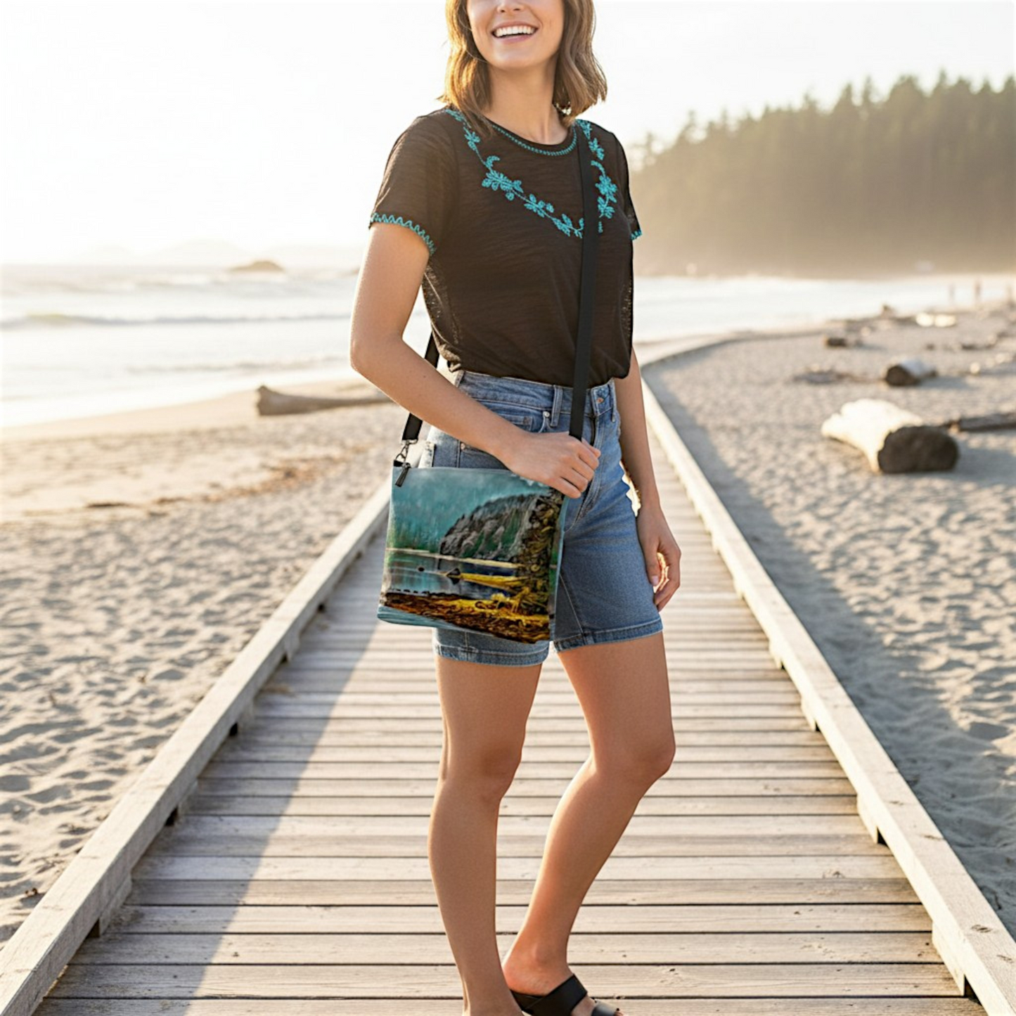Van Isle Goddess Wild Pacific Ucluelet Inlet vegan leather crossbody purse with adjustable strap and scenic print.