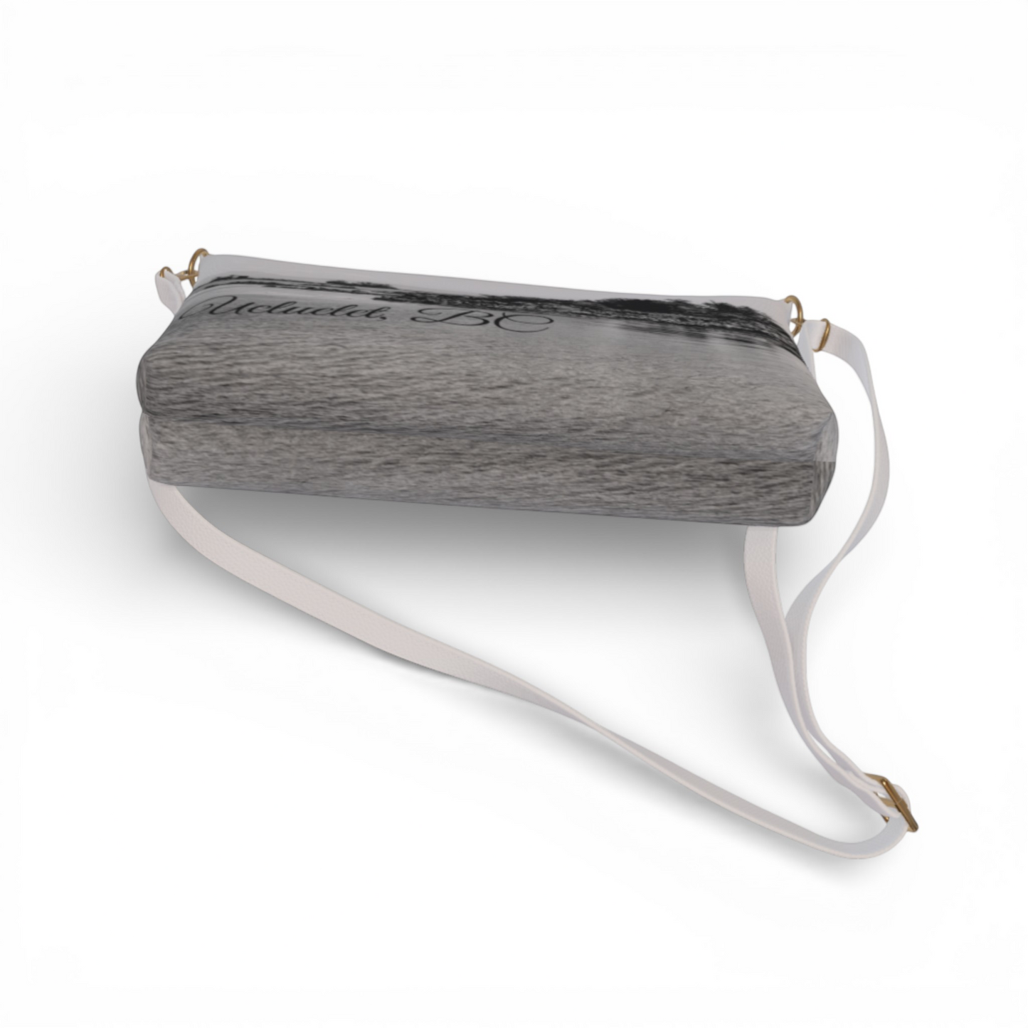 Van Isle Goddess Ucluelet crossbody purse in vegan leather with a textured grey water print and white adjustable strap.