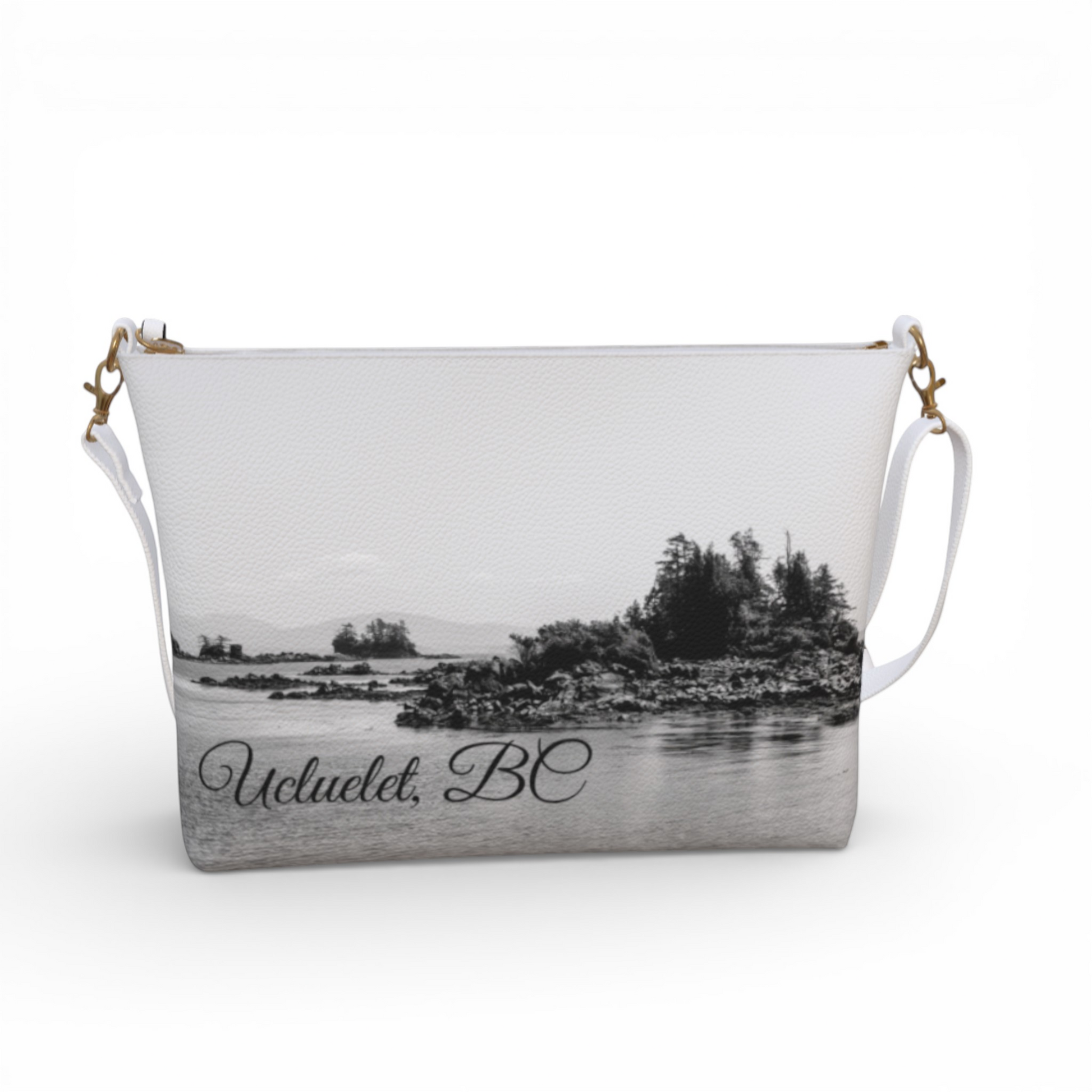 Van Isle Goddess Ucluelet vegan leather crossbody purse with adjustable strap and scenic print.