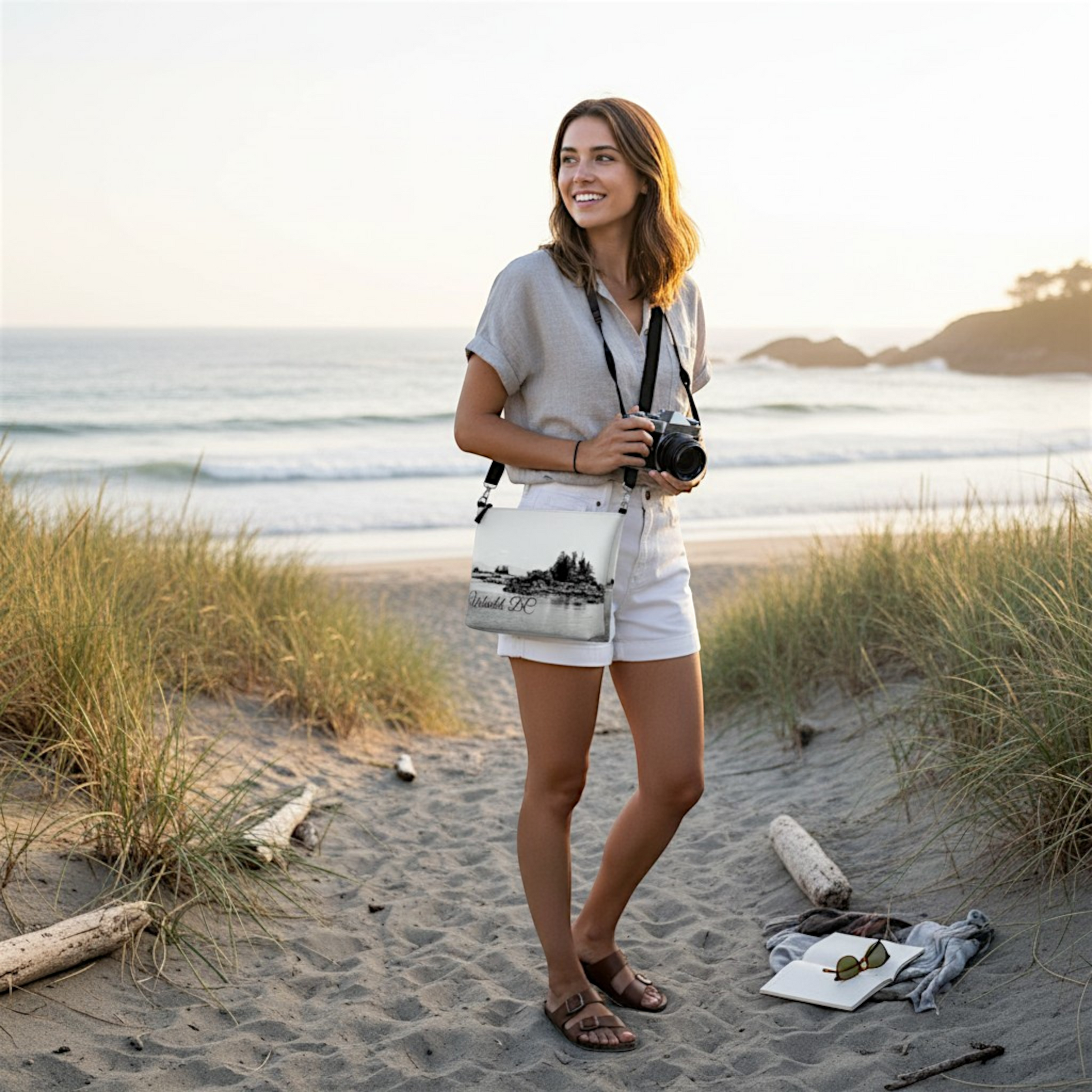 Van Isle Goddess Ucluelet crossbody purse in vegan leather with a black and white landscape print and adjustable strap.