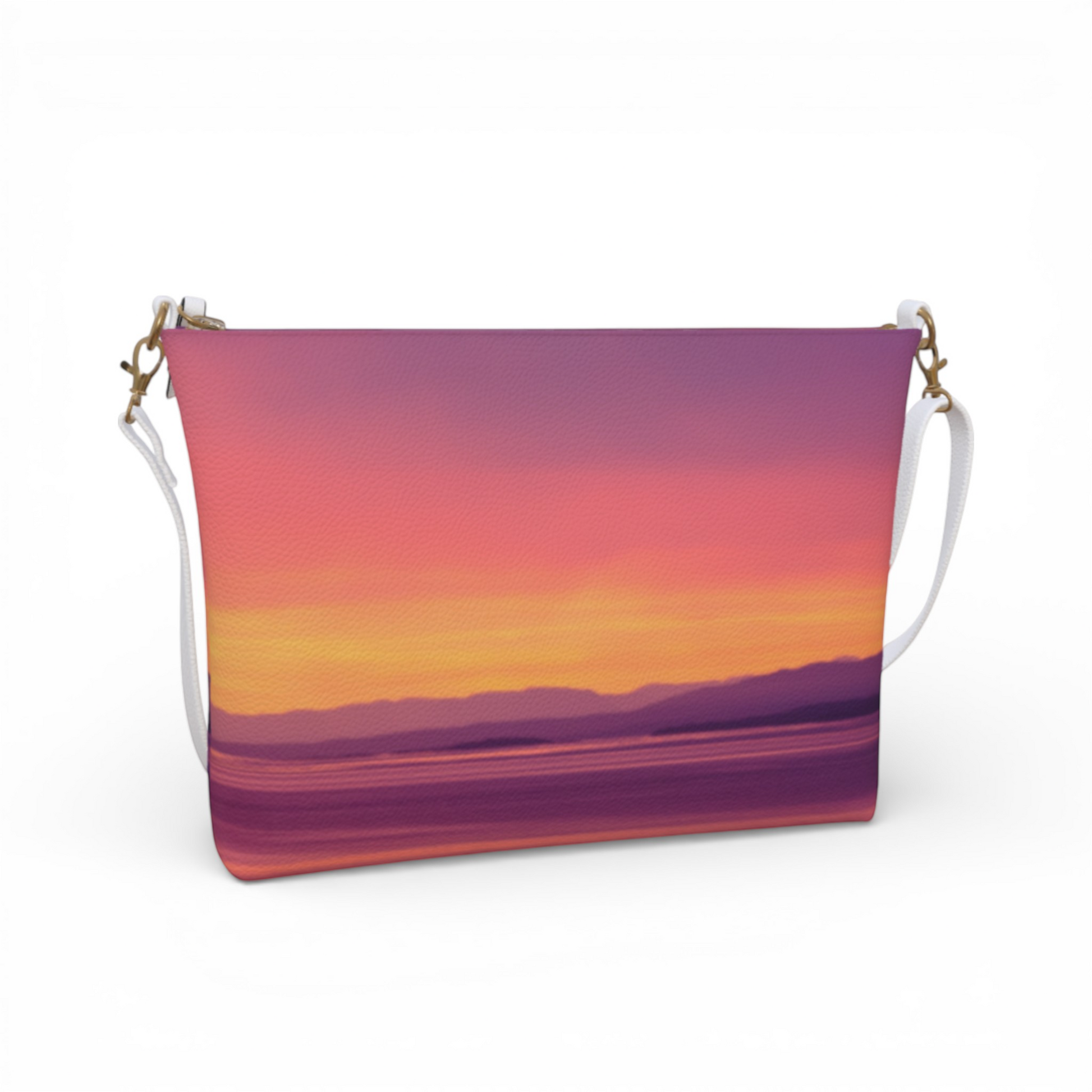 Van Isle Goddess Vancouver Island Sunset vegan leather crossbody purse with adjustable strap and gold hardware.