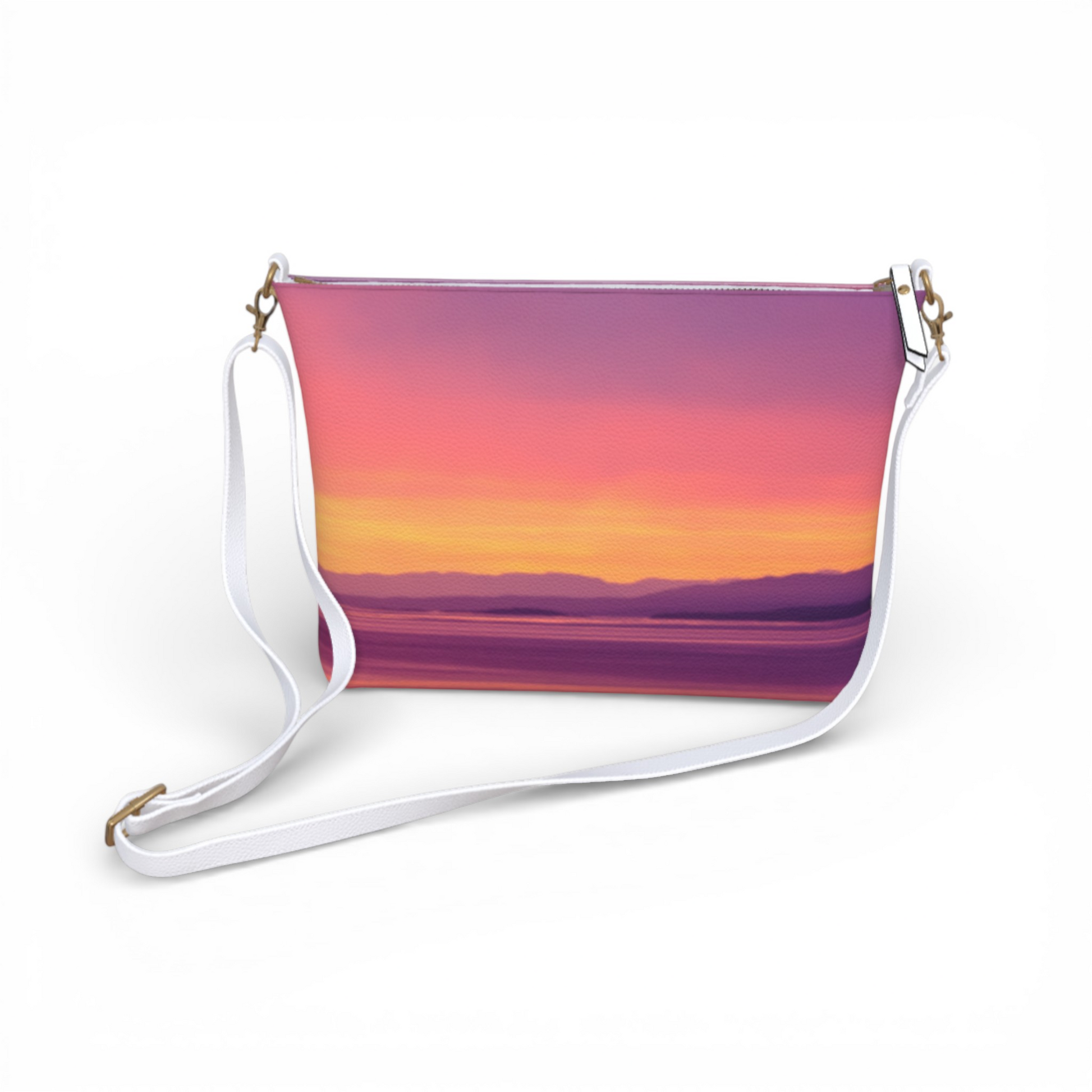 Van Isle Goddess Vancouver Island Sunset vegan leather crossbody purse with adjustable strap and gold hardware.