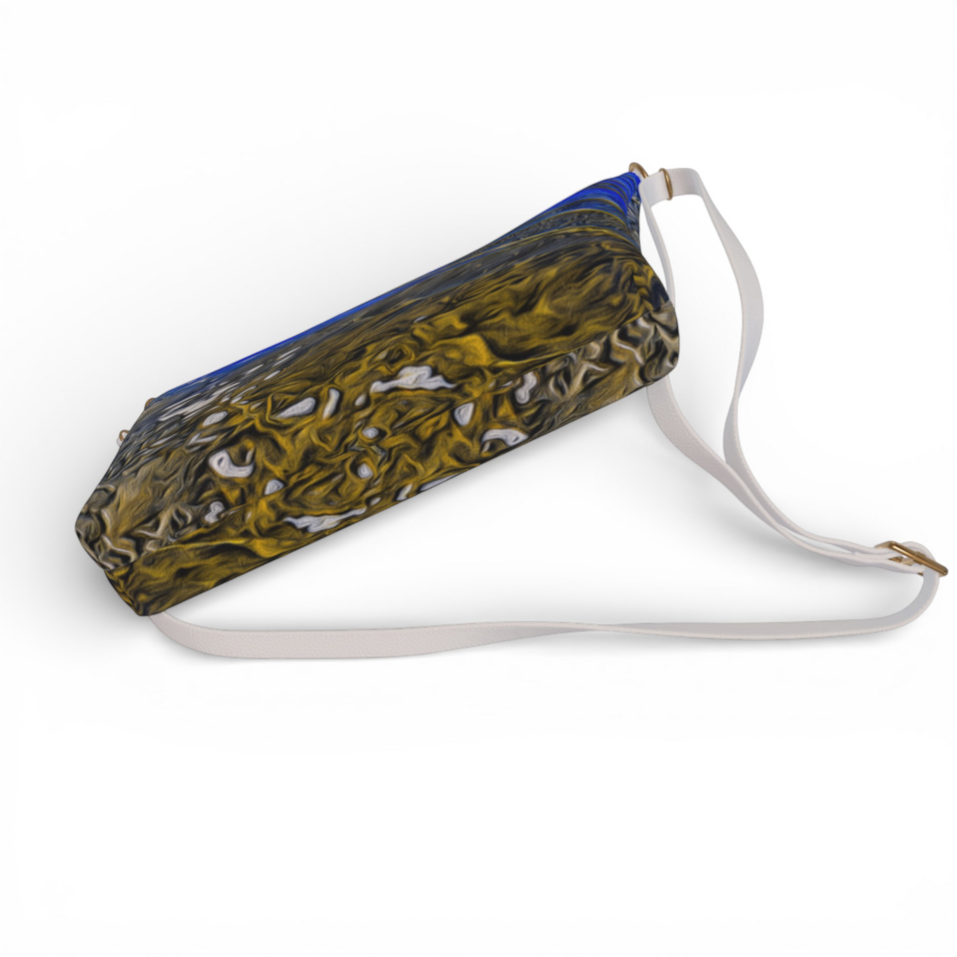 Van Isle Goddess Ebb & Flow crossbody purse in vegan leather with abstract blue and gold print, adjustable white strap.