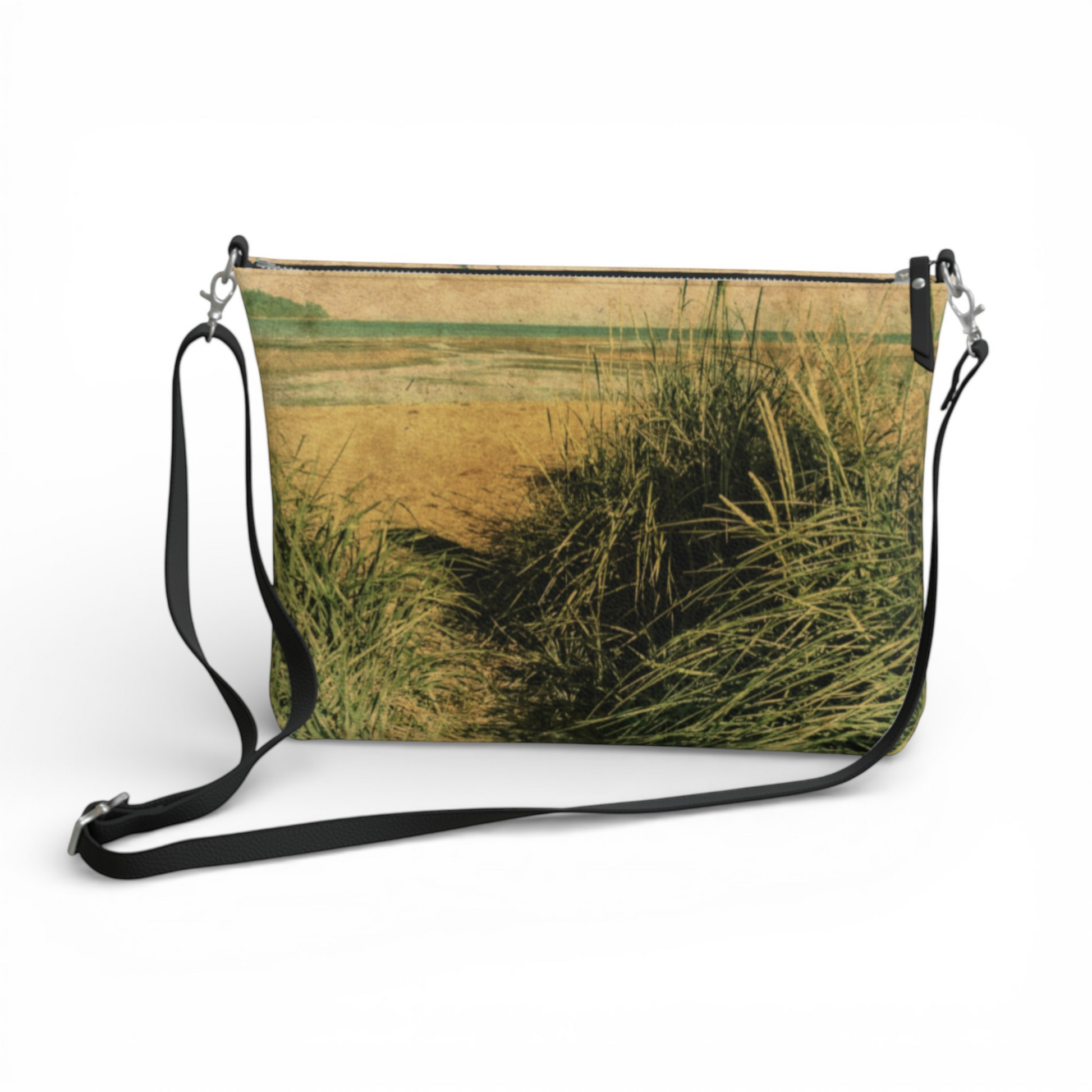 Van Isle Goddess vintage beach crossbody purse with adjustable strap, made from vegan pebble leather with a beach grass print.