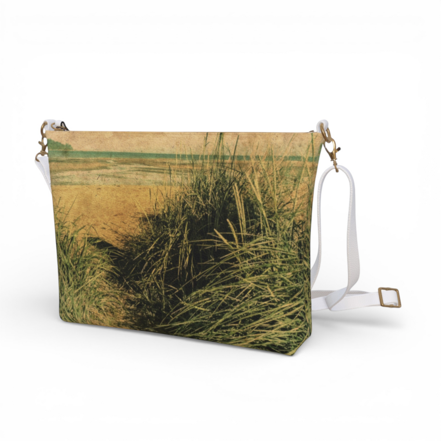 Van Isle Goddess vintage beach crossbody purse, vegan leather with dune grass print and white adjustable strap.