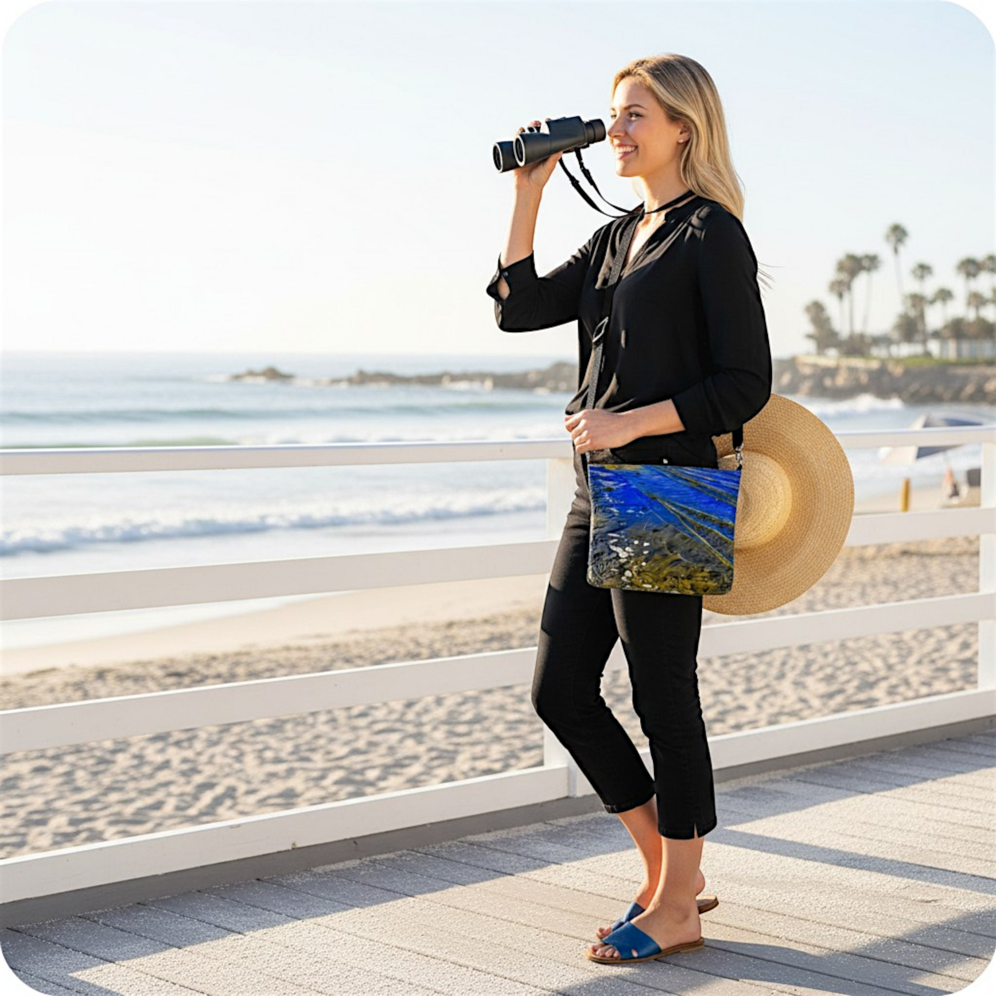 Van Isle Goddess Ebb & Flow vegan leather crossbody purse with abstract blue and green print, adjustable strap, and metal zipper.