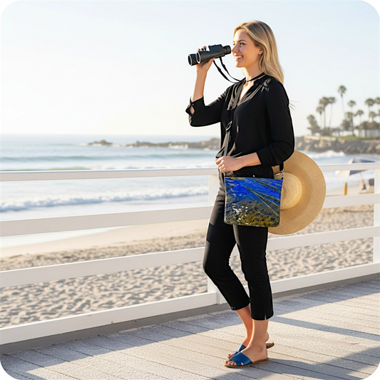 Van Isle Goddess Ebb & Flow vegan leather crossbody purse with abstract blue and green print, adjustable strap, and metal zipper.