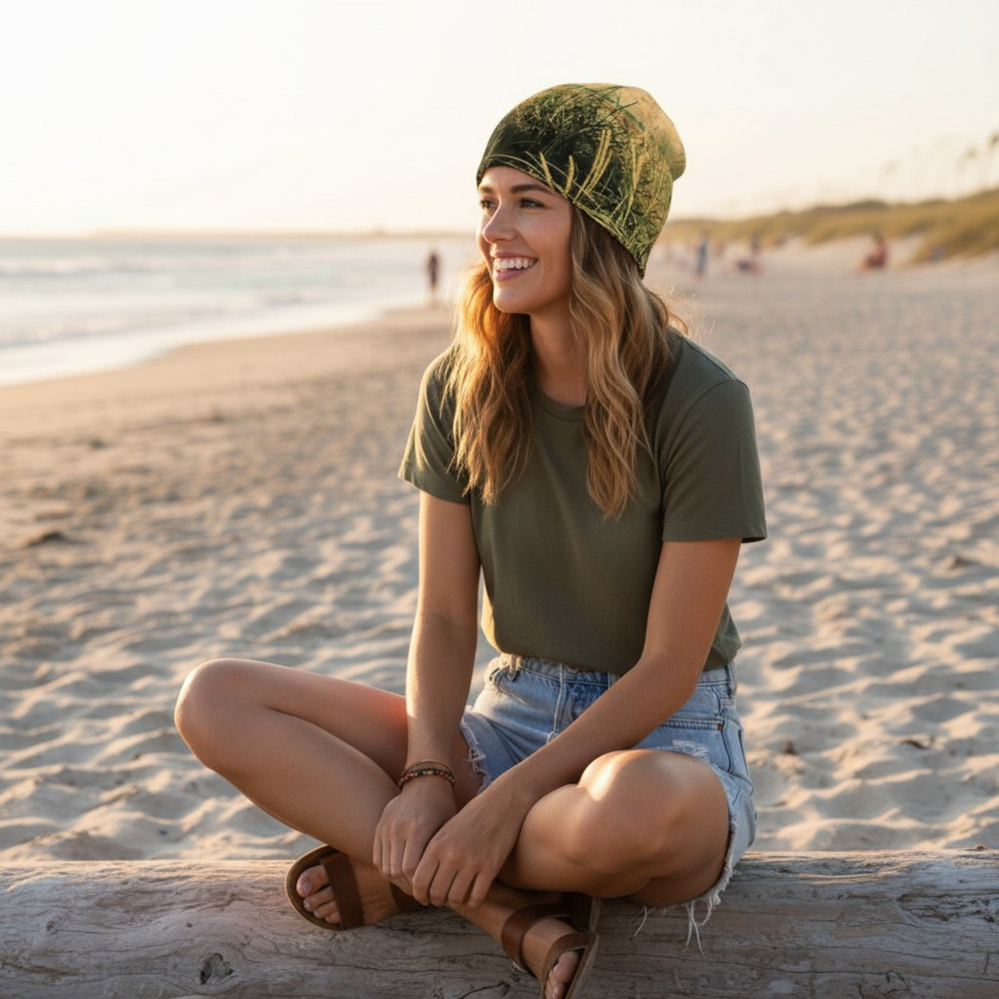 Van Isle Goddess vintage beach beanie with a grass pattern, bamboo lining, and slouchy design.