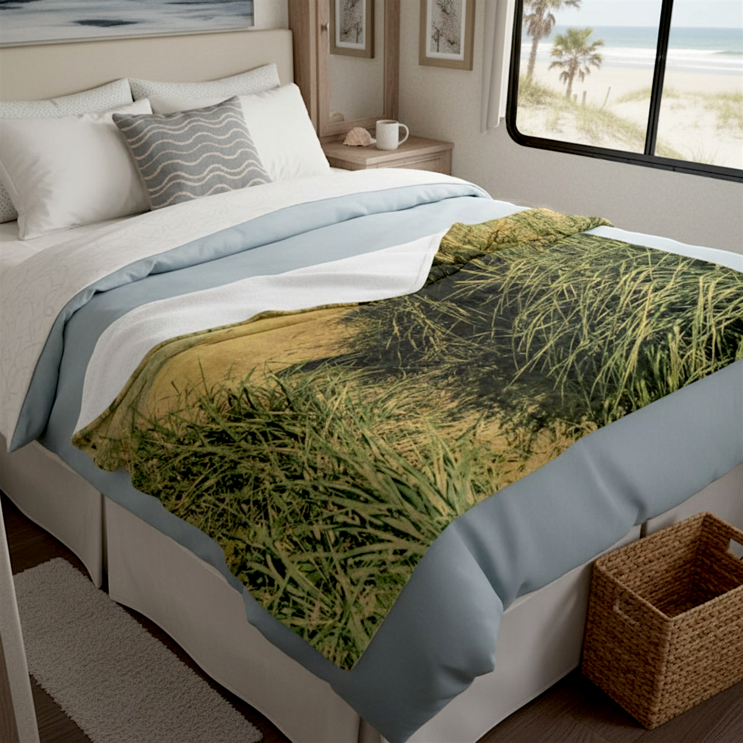 Van Isle Goddess Vintage Beach Coastal Blanket with tall green grass and a sandy path leading to the ocean. Double-thick minky fabric.