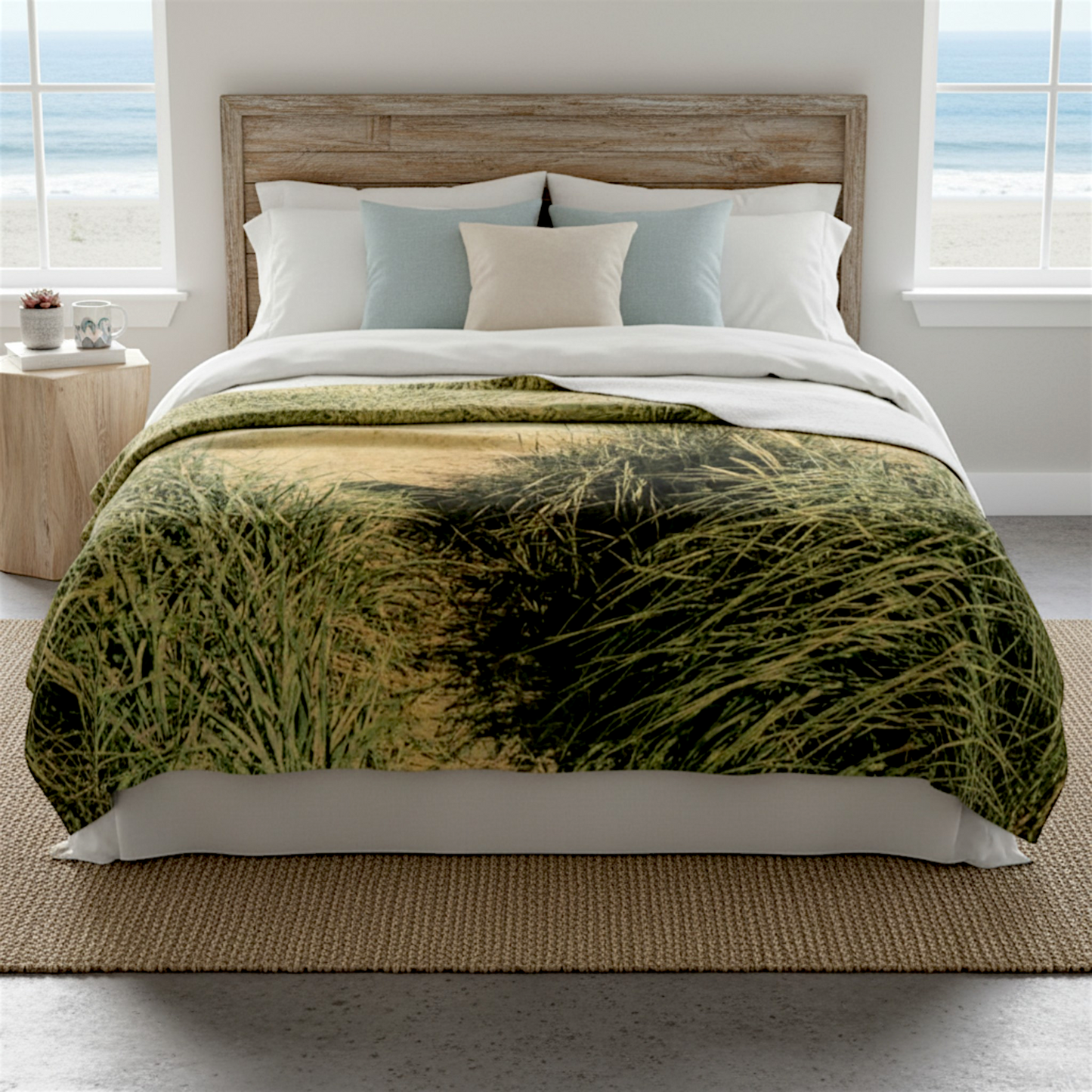 Van Isle Goddess Vintage Beach Coastal Blanket with Vancouver Island photography, soft minky fabric, and a grey back.