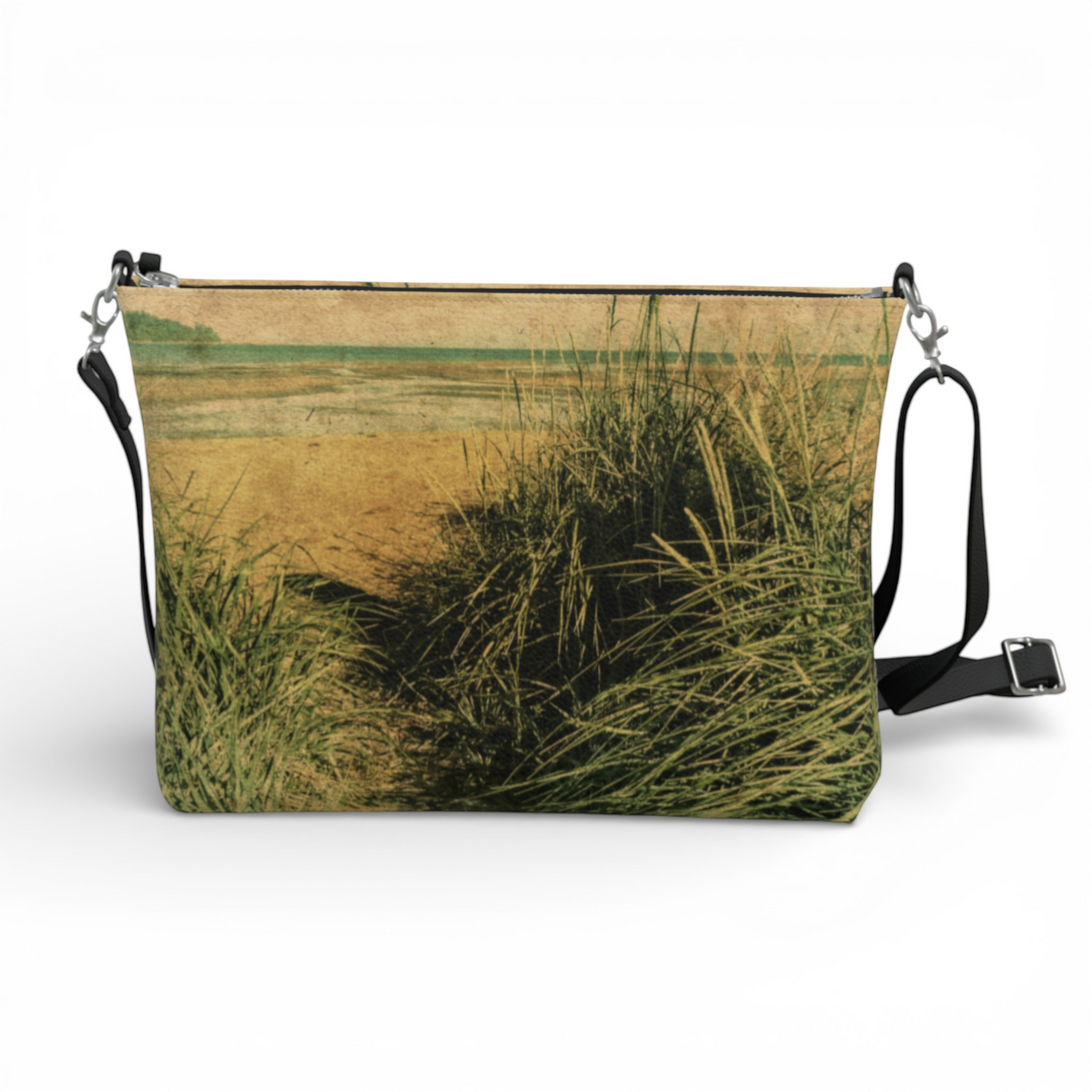 Van Isle Goddess vintage beach crossbody purse with grass print, vegan leather, adjustable strap, and metal hardware.