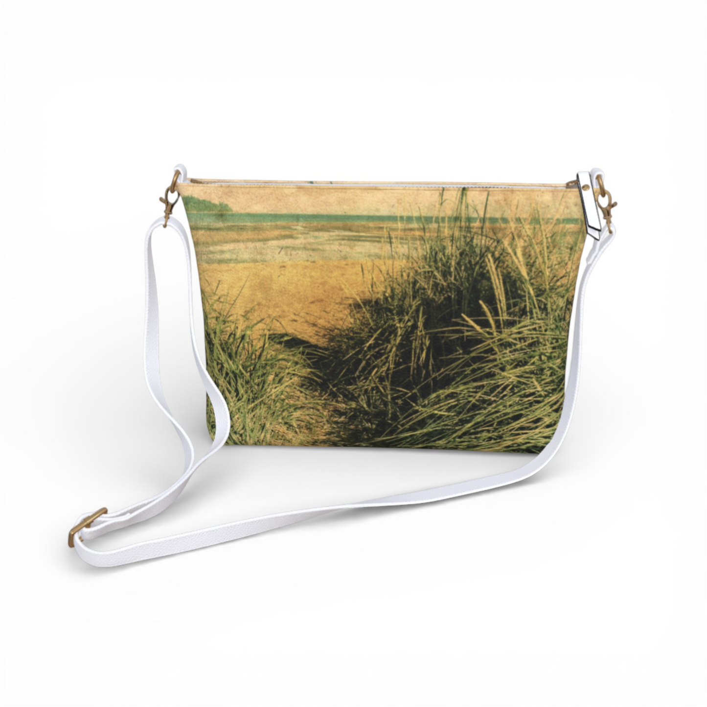 Van Isle Goddess vintage beach scene vegan leather crossbody purse with adjustable white strap.