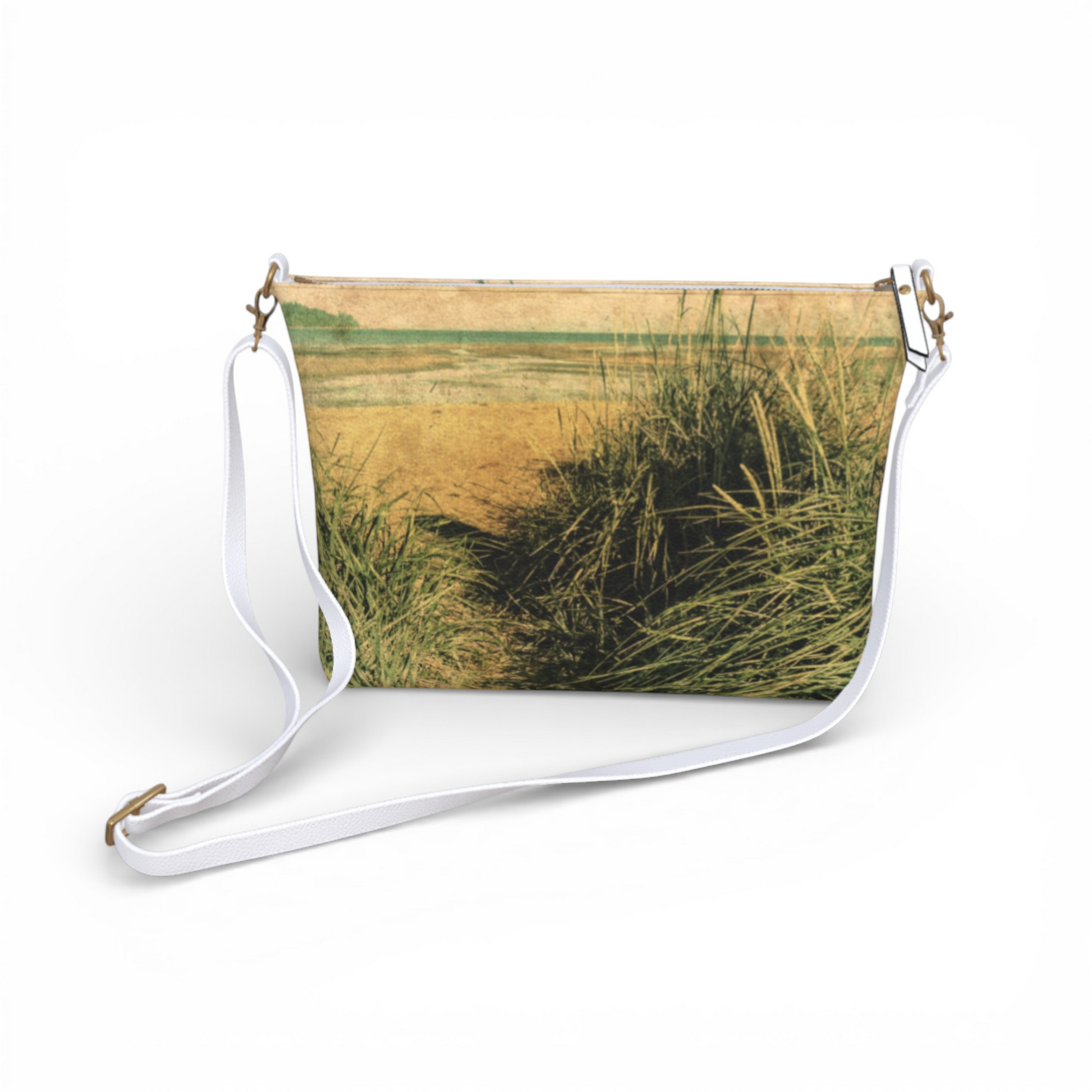 Van Isle Goddess vintage beach scene vegan leather crossbody purse with adjustable white strap.