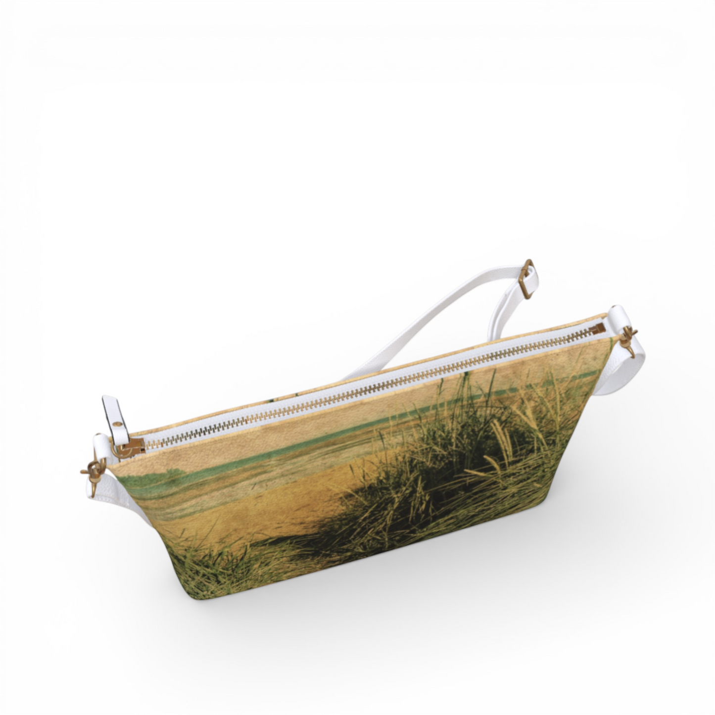 Van Isle Goddess vintage beach scene vegan leather crossbody purse with adjustable white strap and metal zipper.