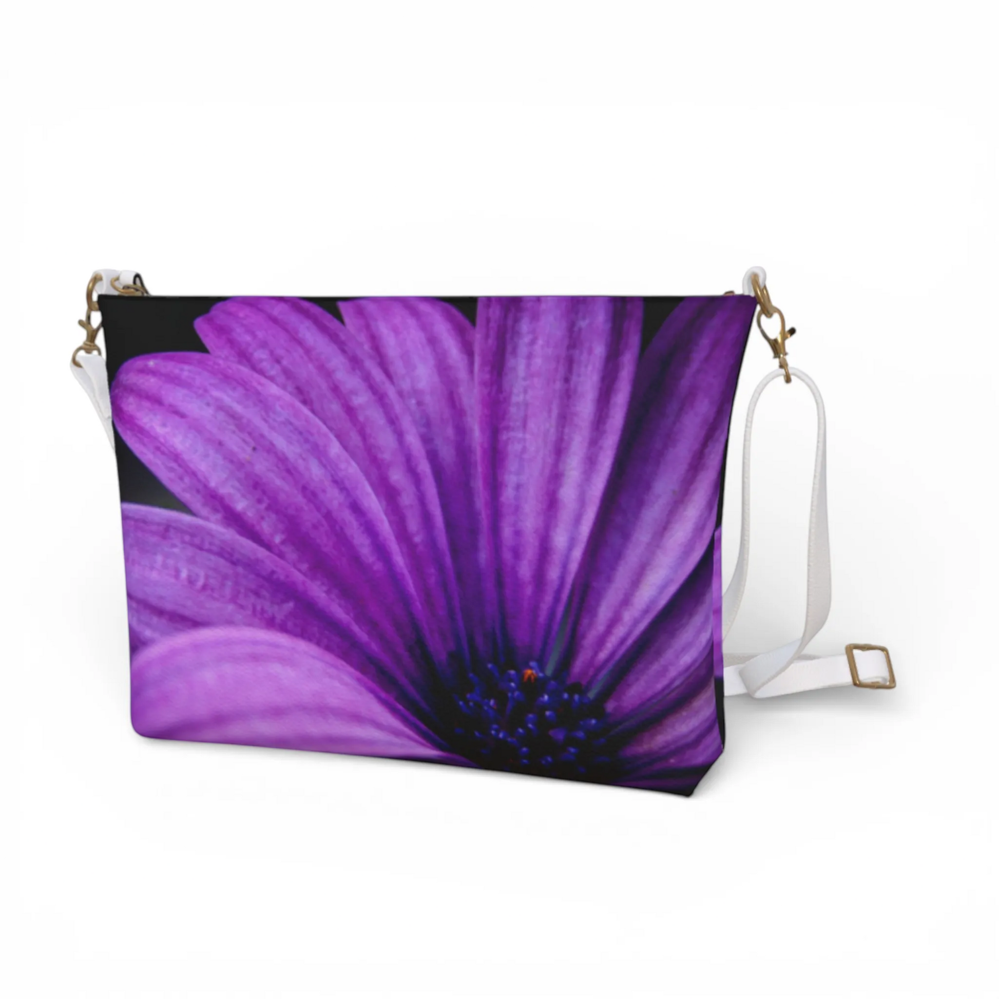 Van Isle Goddess violet vegan leather crossbody purse with adjustable white strap and floral print.