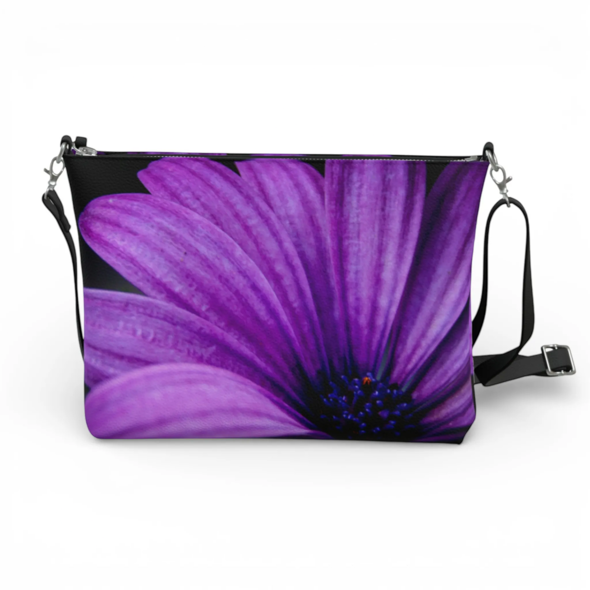 Van Isle Goddess violet floral vegan leather crossbody purse with adjustable strap and metal hardware.