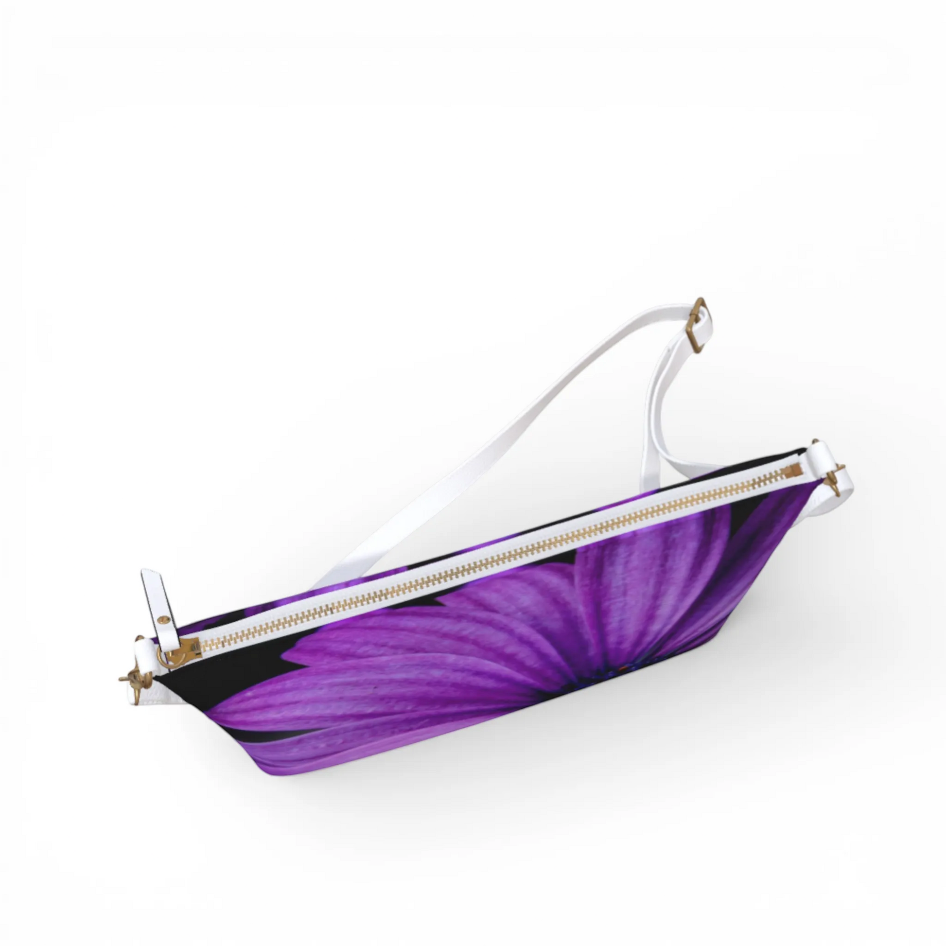 Van Isle Goddess violet purple flower vegan leather crossbody purse with adjustable white strap and gold zipper.