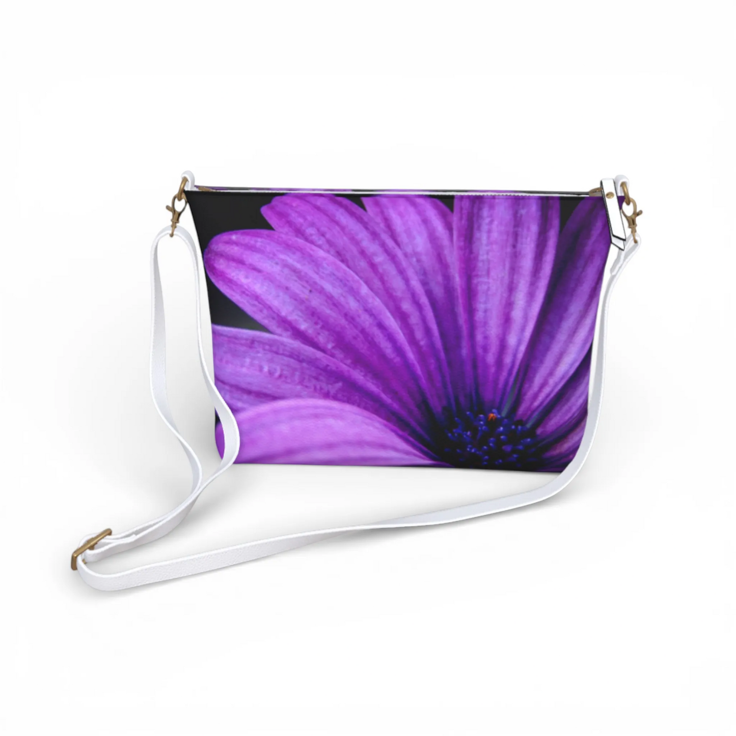 Van Isle Goddess violet purple flower vegan leather crossbody purse with white strap.