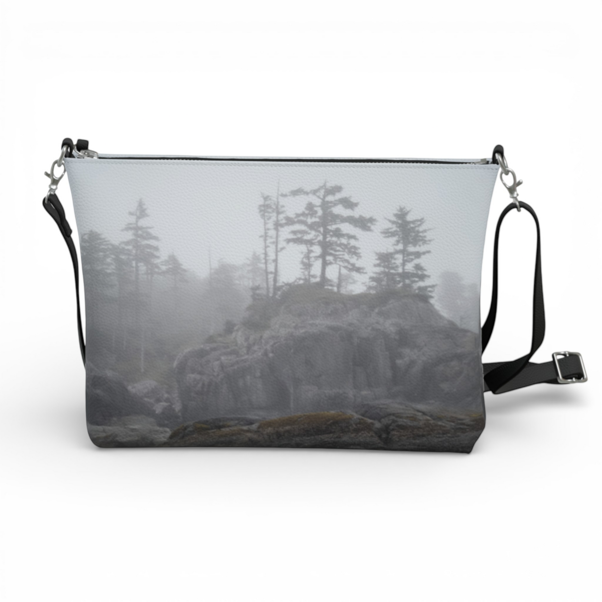 Van Isle Goddess West Coast Ocean Fog vegan leather crossbody purse with adjustable strap and metal hardware.