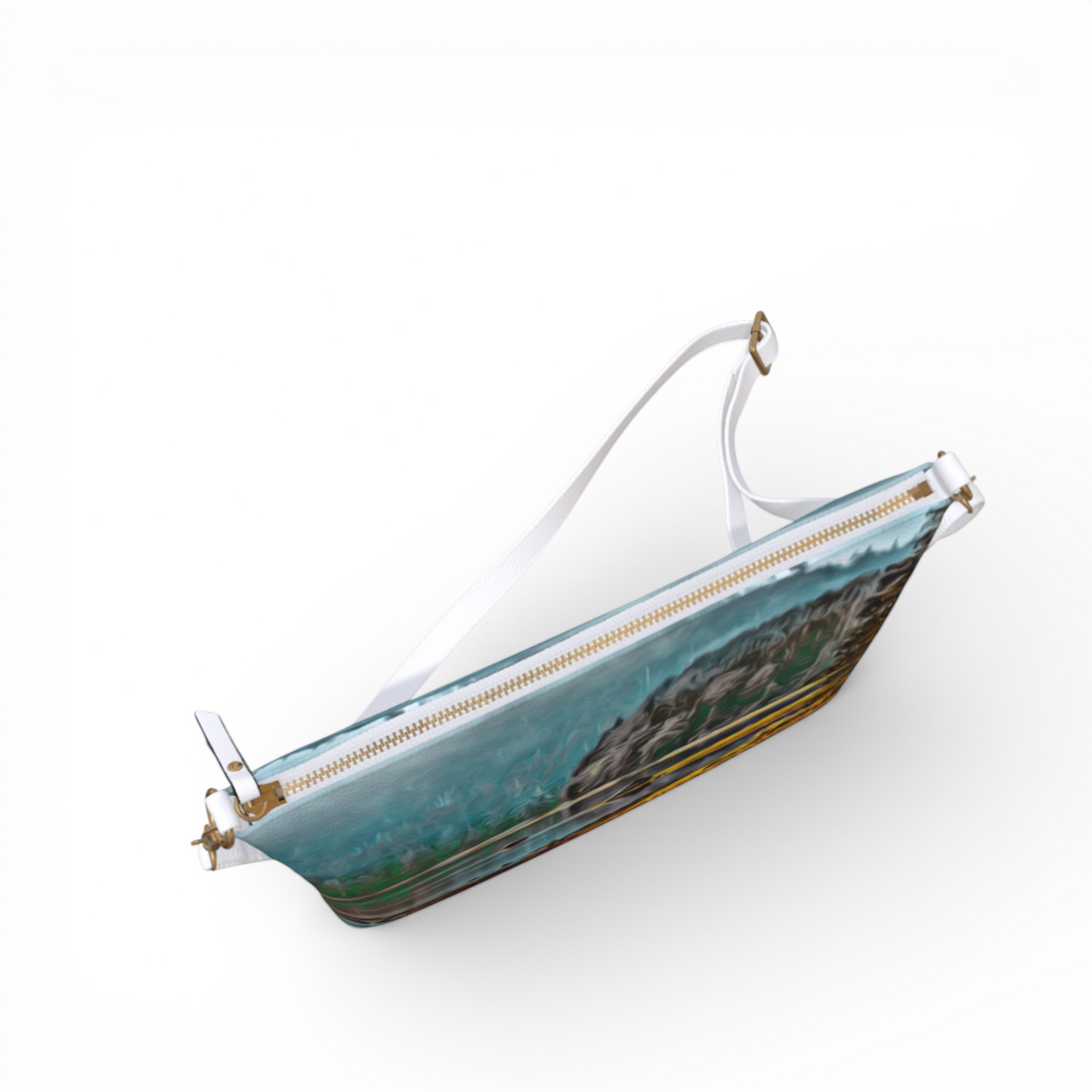 Van Isle Goddess Wild Pacific Ucluelet Inlet vegan leather crossbody purse with adjustable strap and gold zipper.