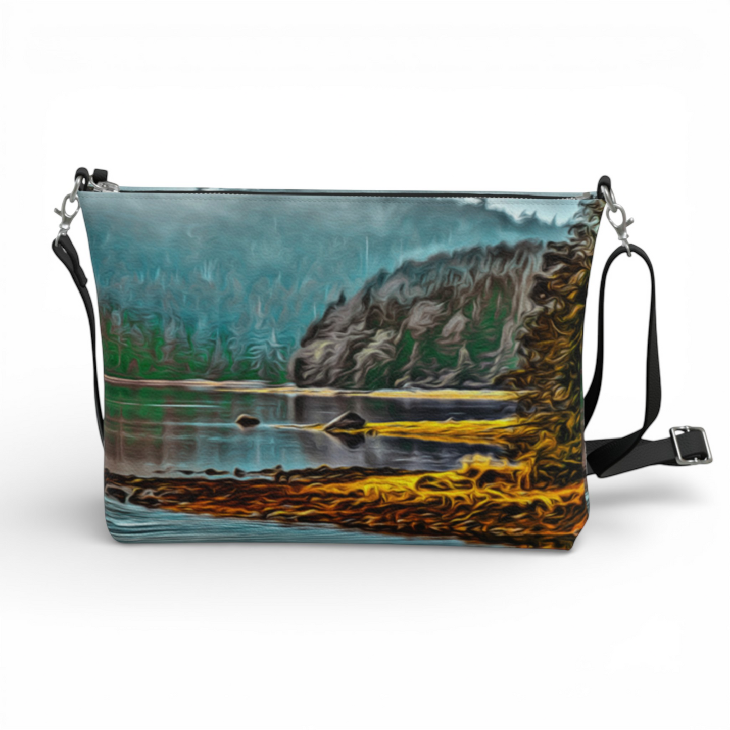 Van Isle Goddess Wild Pacific Ucluelet Inlet vegan leather crossbody purse with mountain and water landscape print.