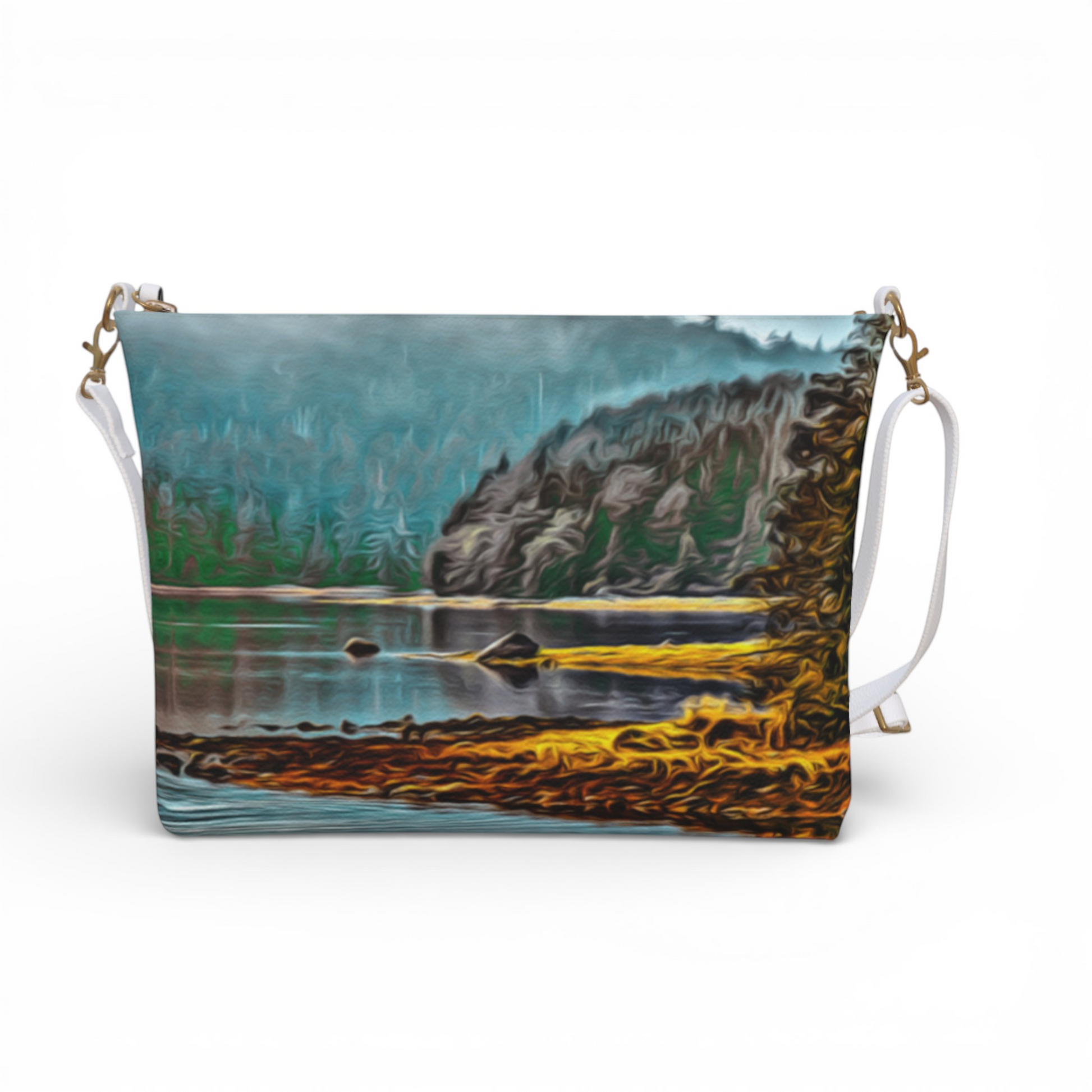 Van Isle Goddess Wild Pacific Ucluelet Inlet vegan leather crossbody purse with landscape print and white strap.