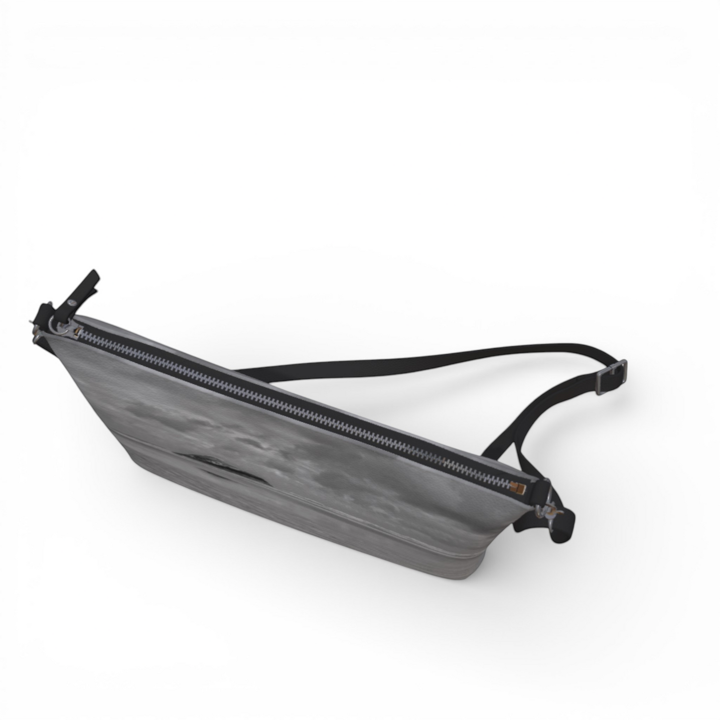 Van Isle Goddess Long Beach Tofino crossbody purse in grey vegan leather with adjustable strap and metal zipper.