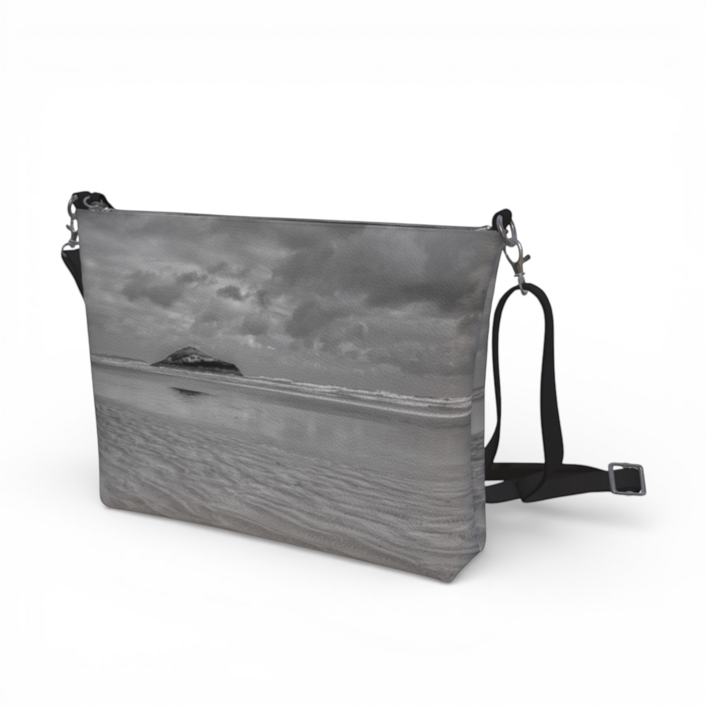 Van Isle Goddess Long Beach Tofino crossbody purse in vegan pebble leather with adjustable strap and a beach landscape print.