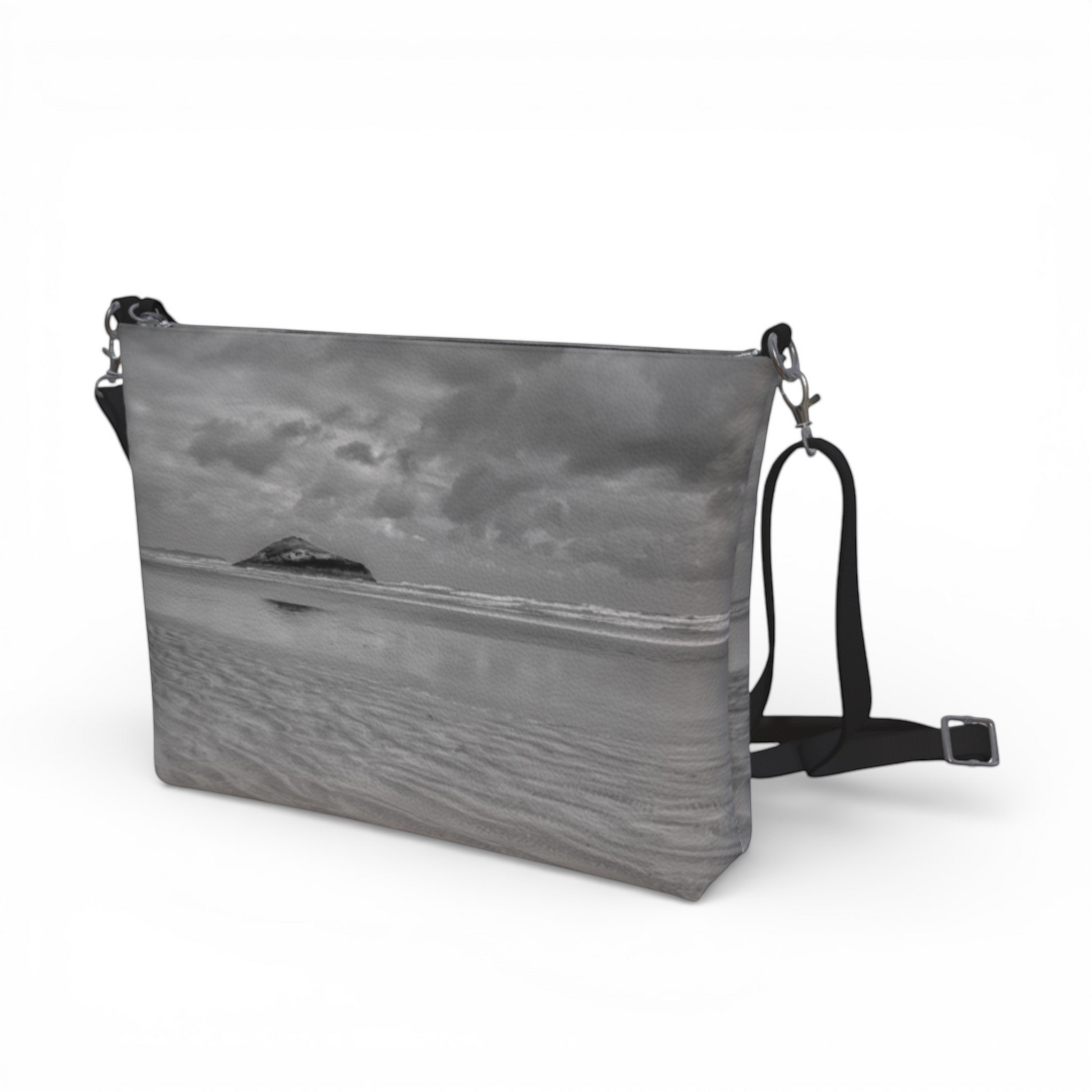 Van Isle Goddess Long Beach Tofino crossbody purse in vegan pebble leather with adjustable strap and a beach landscape print.