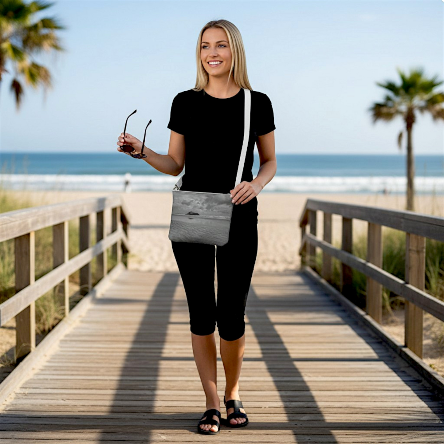 Van Isle Goddess Long Beach Tofino crossbody purse, vegan pebble leather with a beach scene print, adjustable strap.