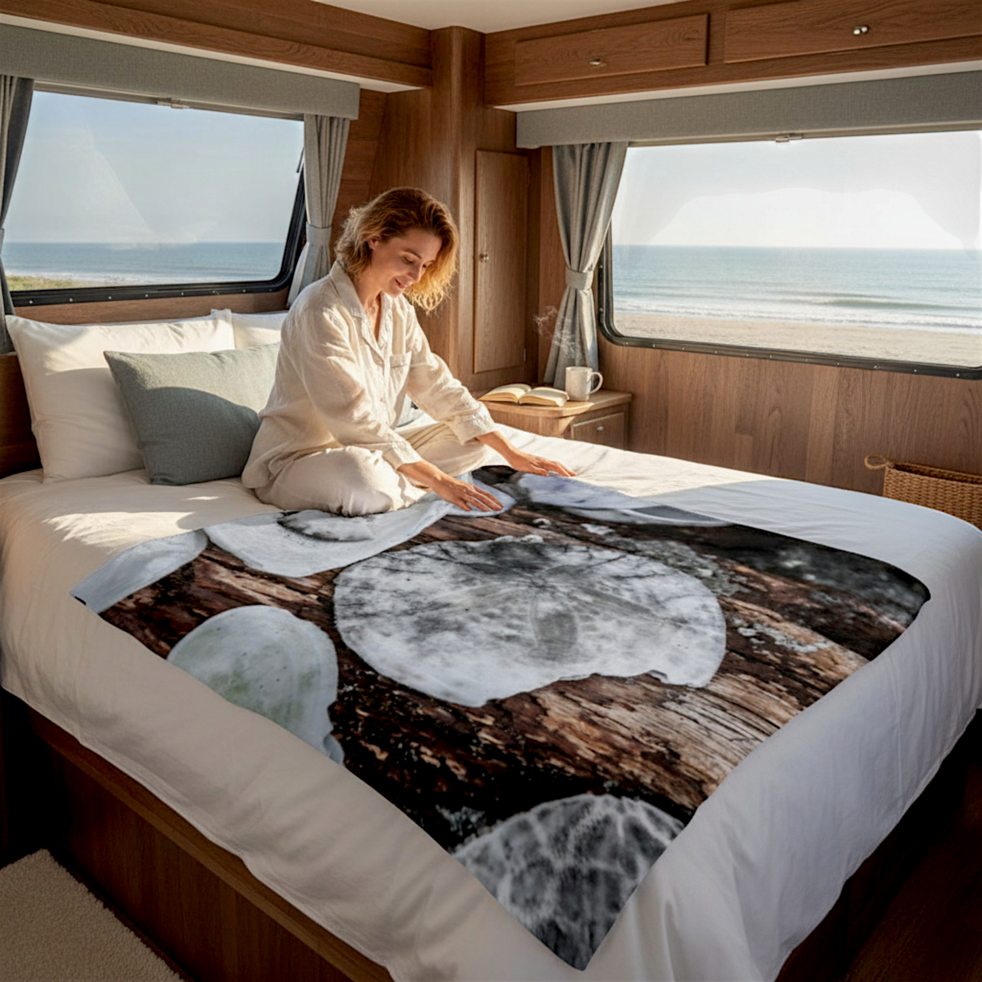 Van Isle Goddess Miracle Beach coastal blanket with sand dollars, seashells, and driftwood print on double-thick minky fabric.