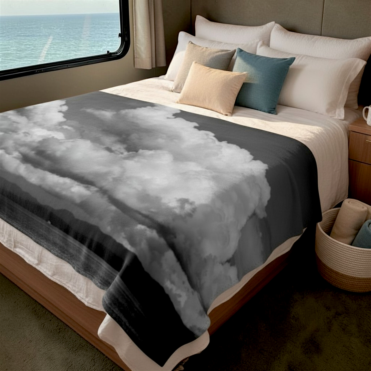 Van Isle Goddess Parksville Beach coastal blanket featuring dramatic clouds over water and mountains. Double-thick minky polyester.