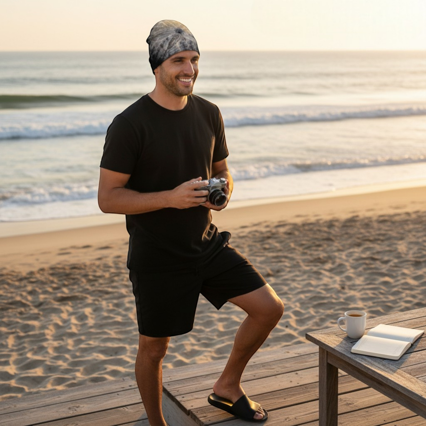 Van Isle Goddess Sand Dollar Spotlight Beanie with bamboo lining, grey and white sand dollar print, slouchy fit.