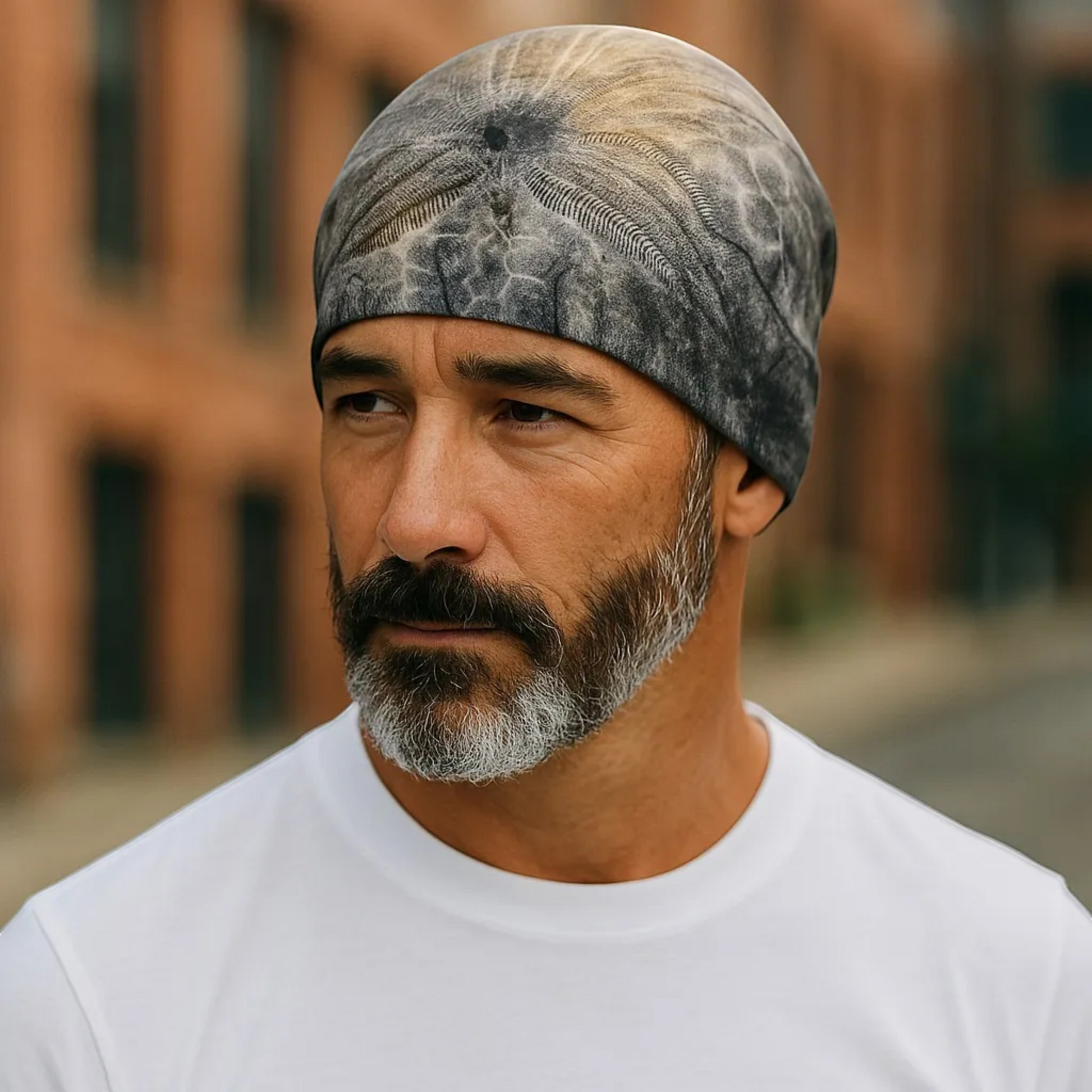 Van Isle Goddess Sand Dollar Spotlight Beanie, grey and tan spun polyester with bamboo lining. Slouchy fit.